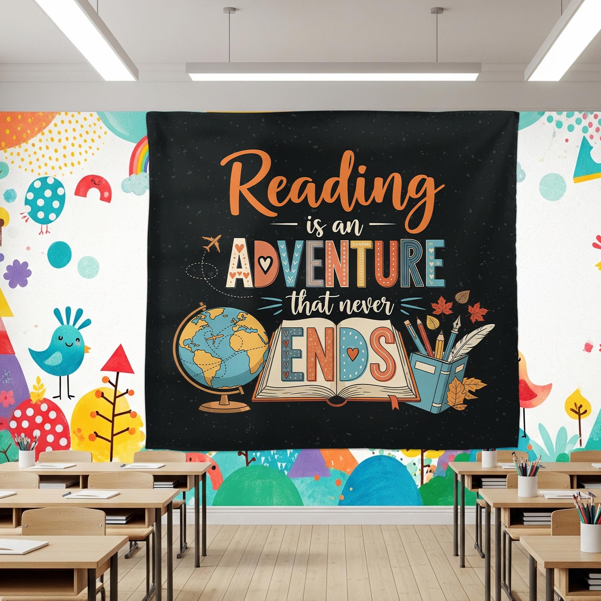 Reading Classroom Tapestry, Adventure Wall Decor for Teachers, Library or School Banner, Reading Corner Poster for Kids, Classroom Decor