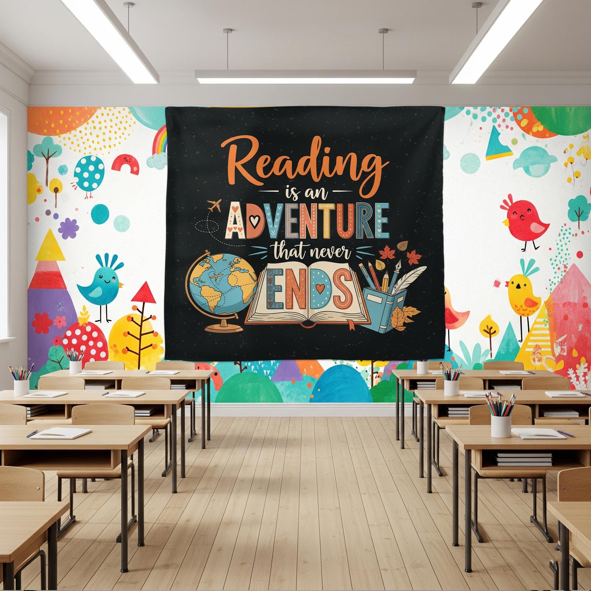Reading Classroom Tapestry, Adventure Wall Decor for Teachers, Library or School Banner, Reading Corner Poster for Kids, Classroom Decor