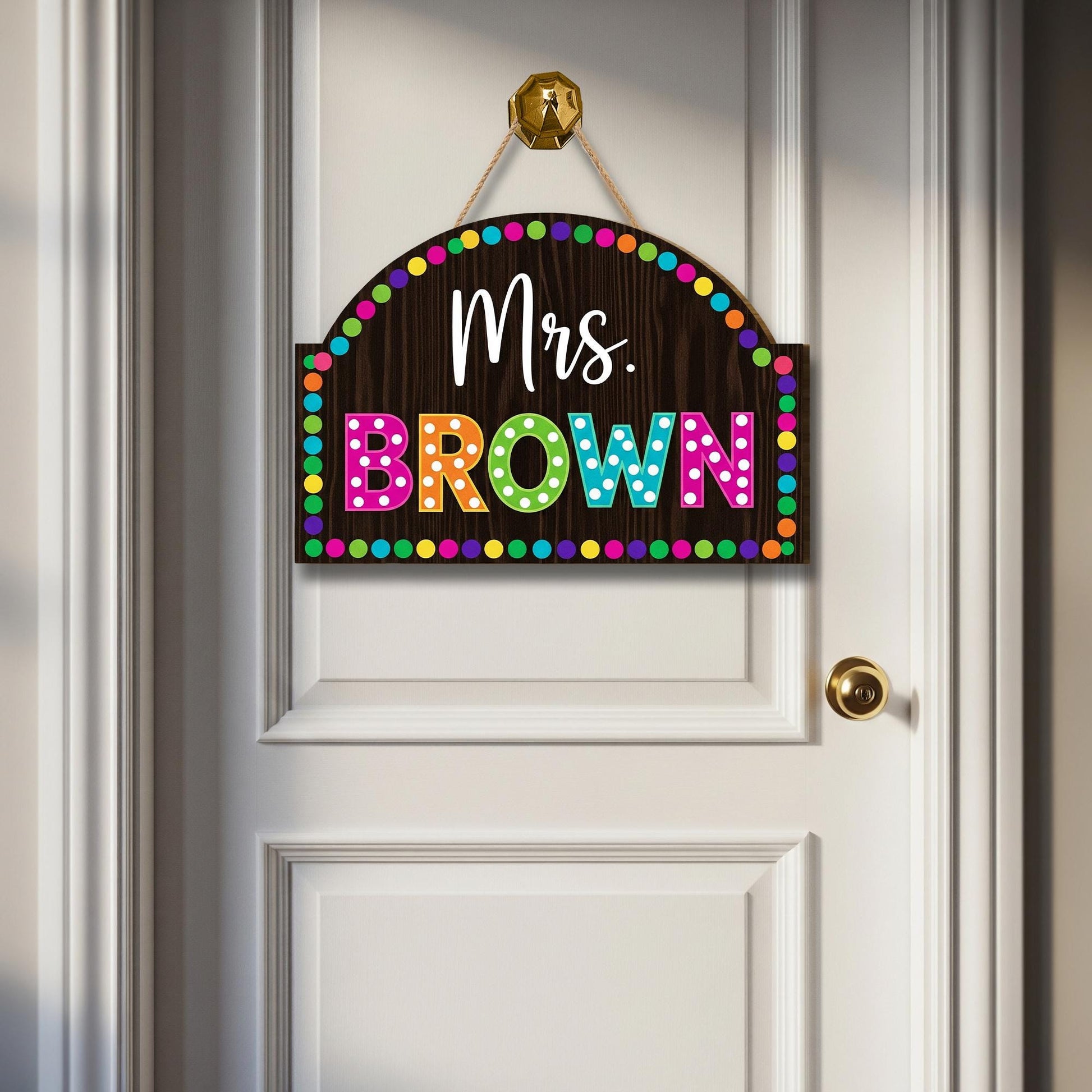 Personalized Teacher 2 Layer Door Sign – Custom Rainbow Polka Dot Name Plaque for Classroom, Back to School Decor for Teachers, Educators