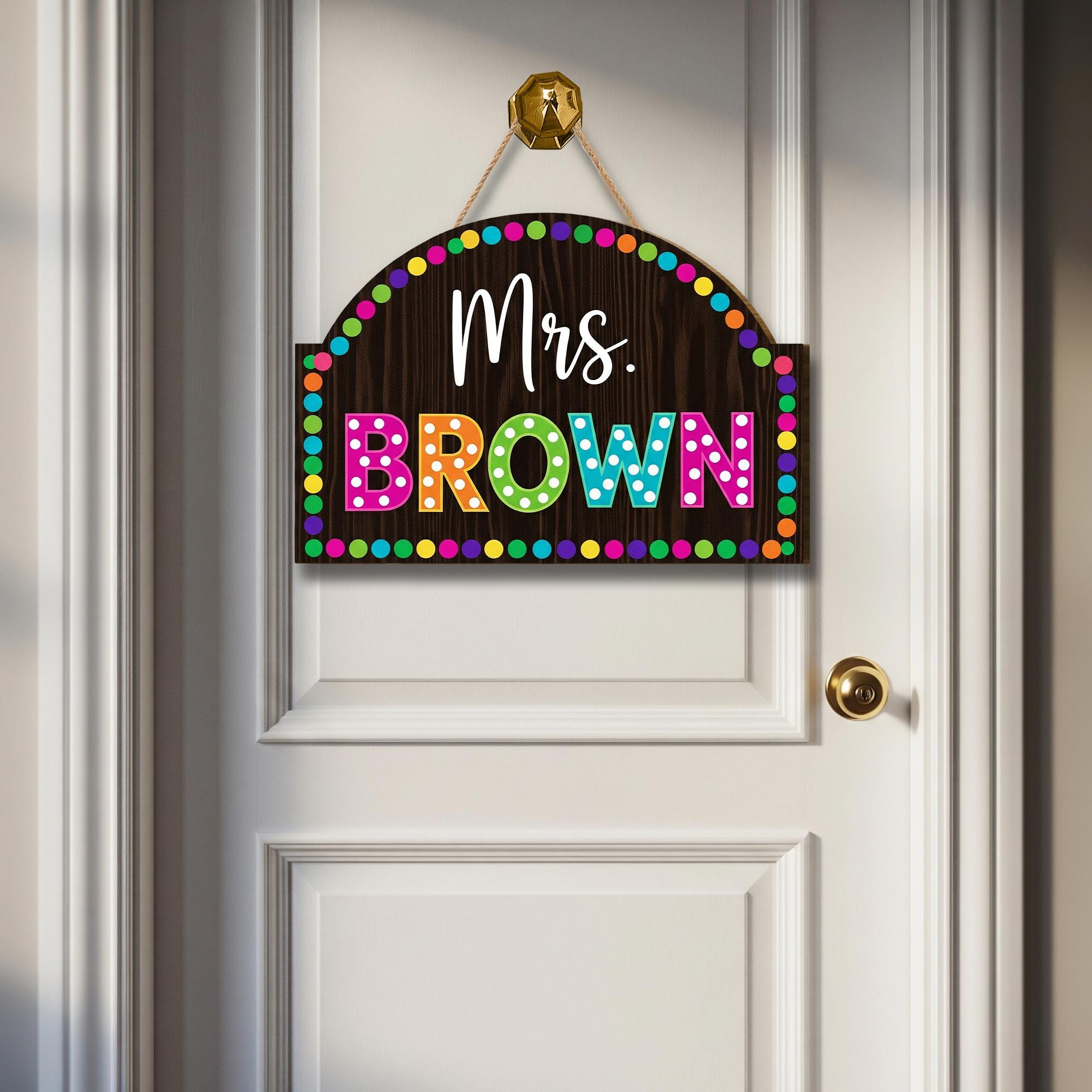 Personalized Teacher 2 Layer Door Sign – Custom Rainbow Polka Dot Name Plaque for Classroom, Back to School Decor for Teachers, Educators