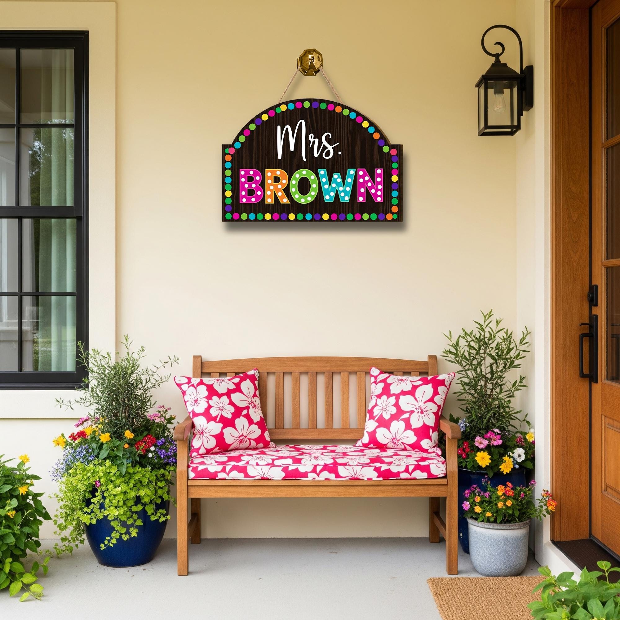 Personalized Teacher 2 Layer Door Sign – Custom Rainbow Polka Dot Name Plaque for Classroom, Back to School Decor for Teachers, Educators