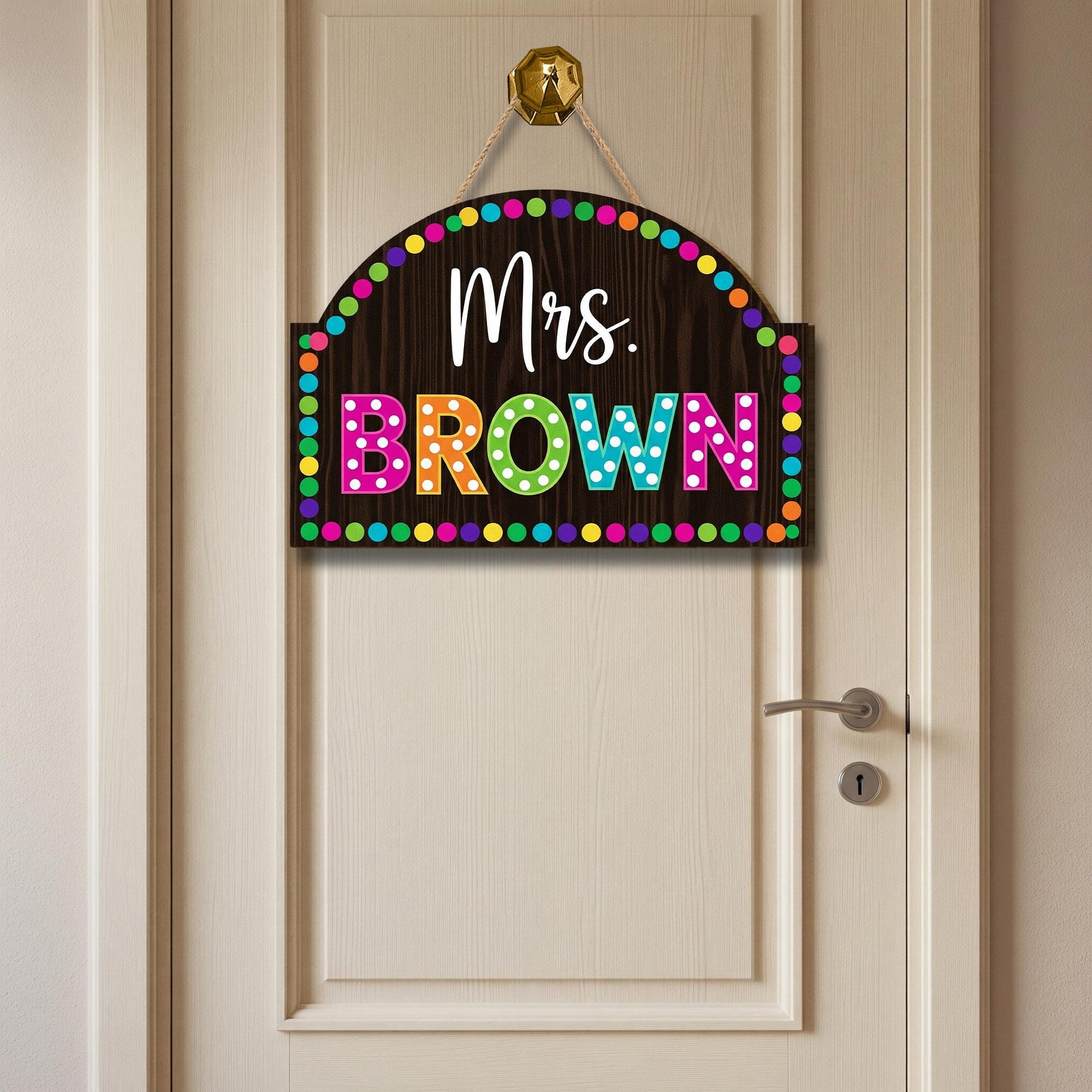 Personalized Teacher 2 Layer Door Sign – Custom Rainbow Polka Dot Name Plaque for Classroom, Back to School Decor for Teachers, Educators