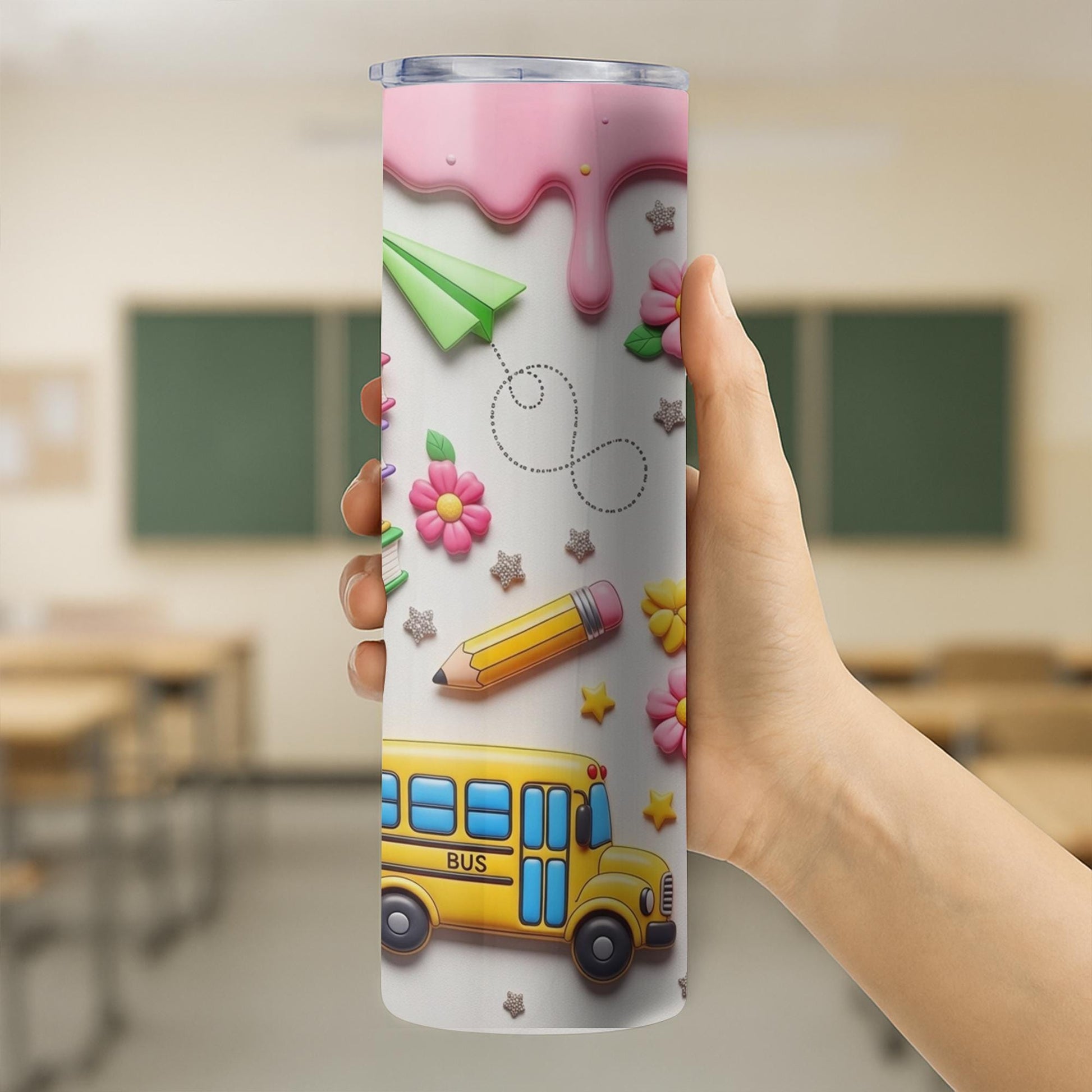 Cute Teacher 2D FLAT Tumbler, Back to School Tumbler with Books and Crayons, Pink School Supplies Cup, Teacher Appreciation Gift