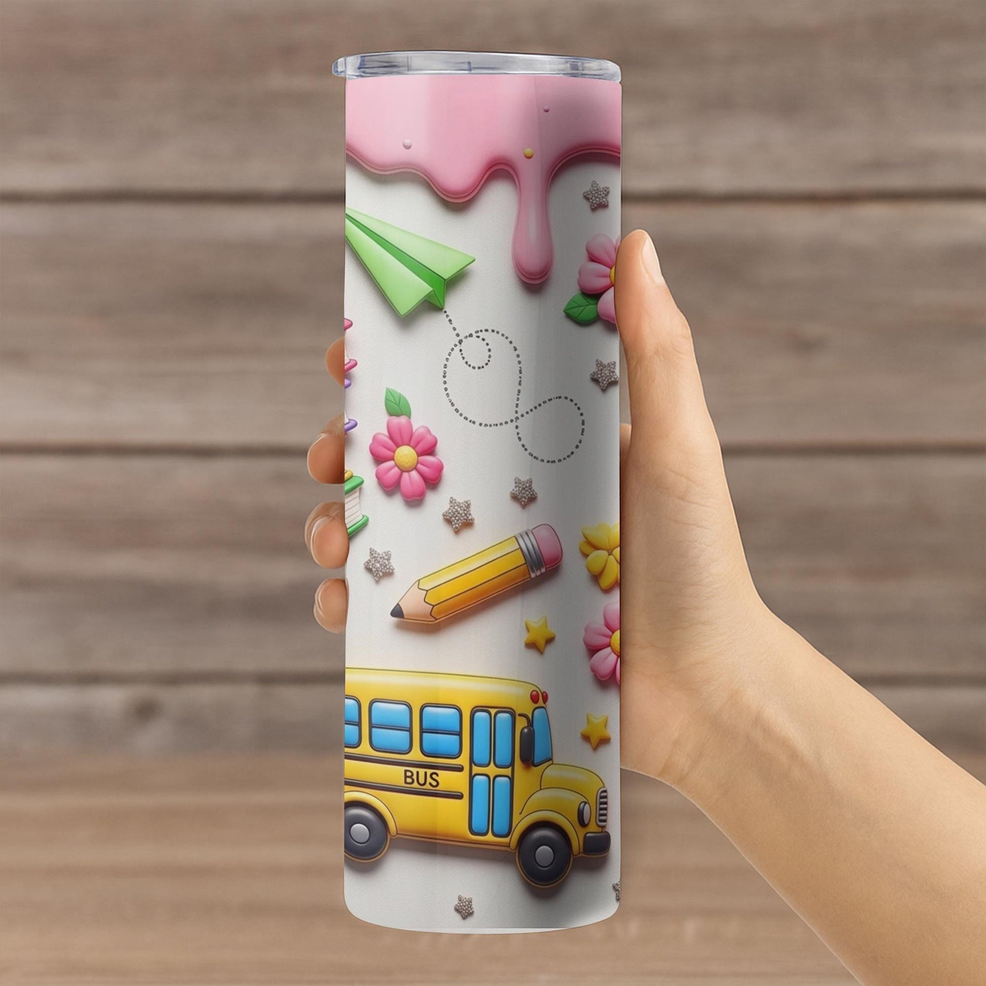 Cute Teacher 2D FLAT Tumbler, Back to School Tumbler with Books and Crayons, Pink School Supplies Cup, Teacher Appreciation Gift