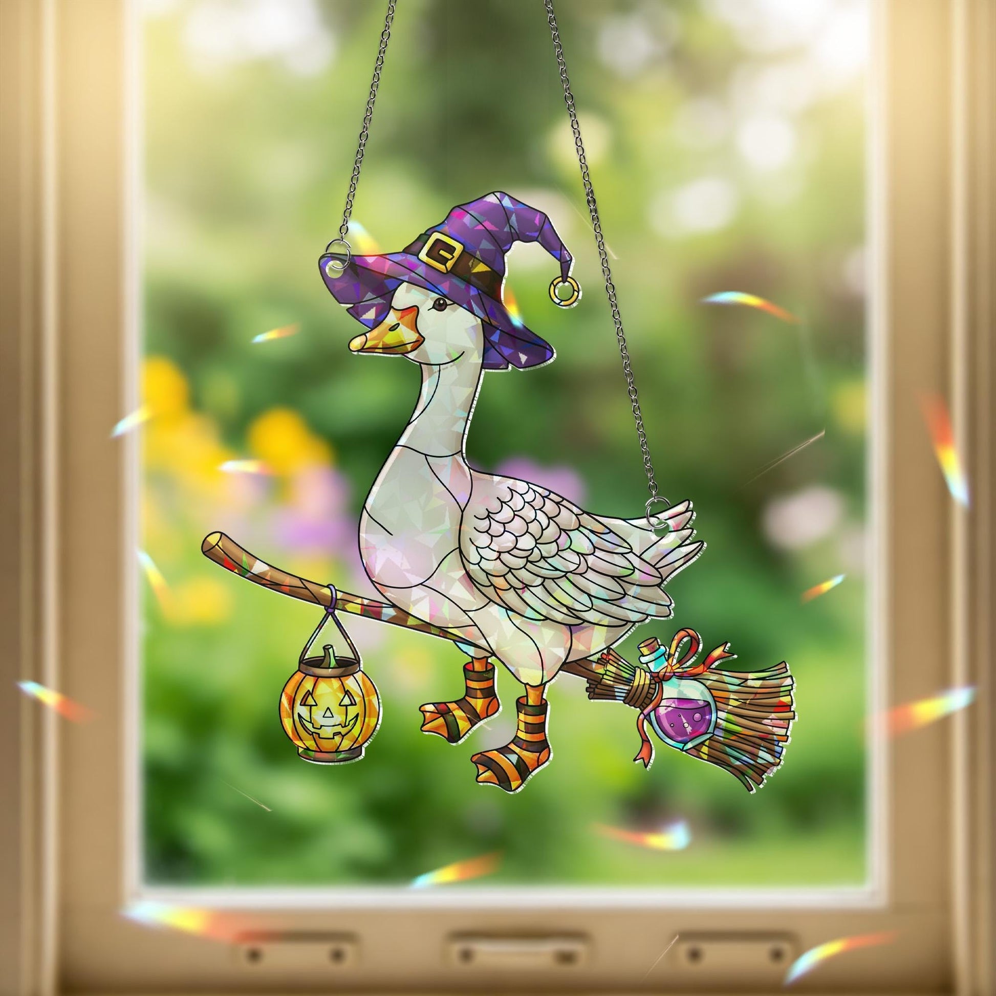 Halloween Witch Goose Suncatcher – Stained Glass Style Hanging Goose with Broom and Pumpkin Lantern – Cute Halloween Decor for Windows