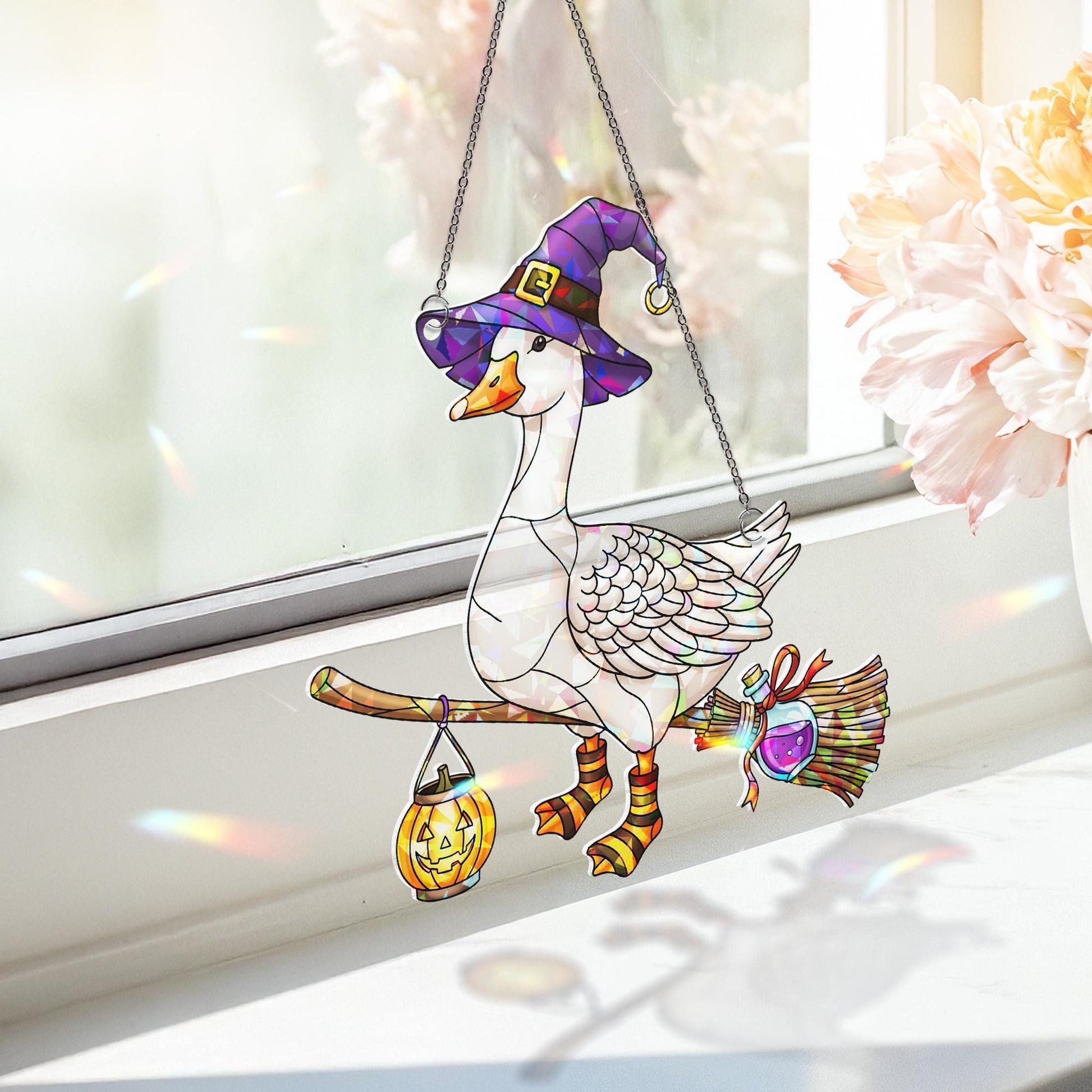 Halloween Witch Goose Suncatcher – Stained Glass Style Hanging Goose with Broom and Pumpkin Lantern – Cute Halloween Decor for Windows