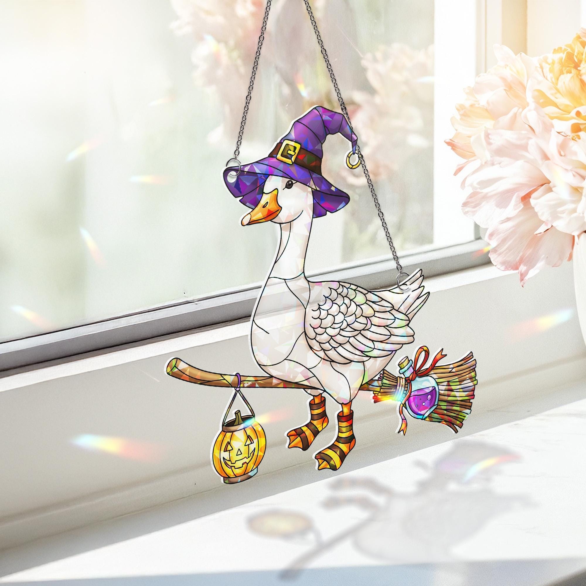 Halloween Witch Goose Suncatcher – Stained Glass Style Hanging Goose with Broom and Pumpkin Lantern – Cute Halloween Decor for Windows