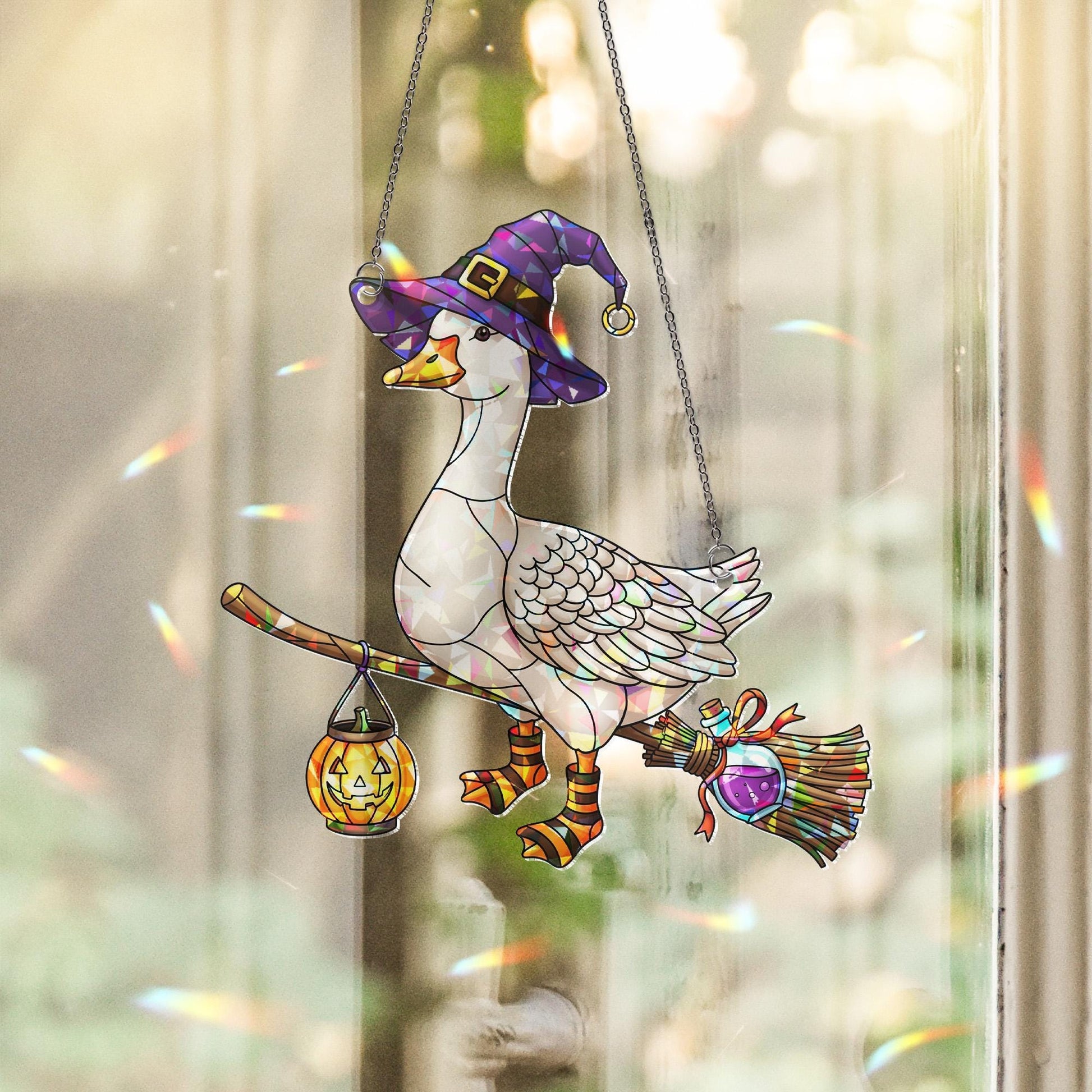 Halloween Witch Goose Suncatcher – Stained Glass Style Hanging Goose with Broom and Pumpkin Lantern – Cute Halloween Decor for Windows