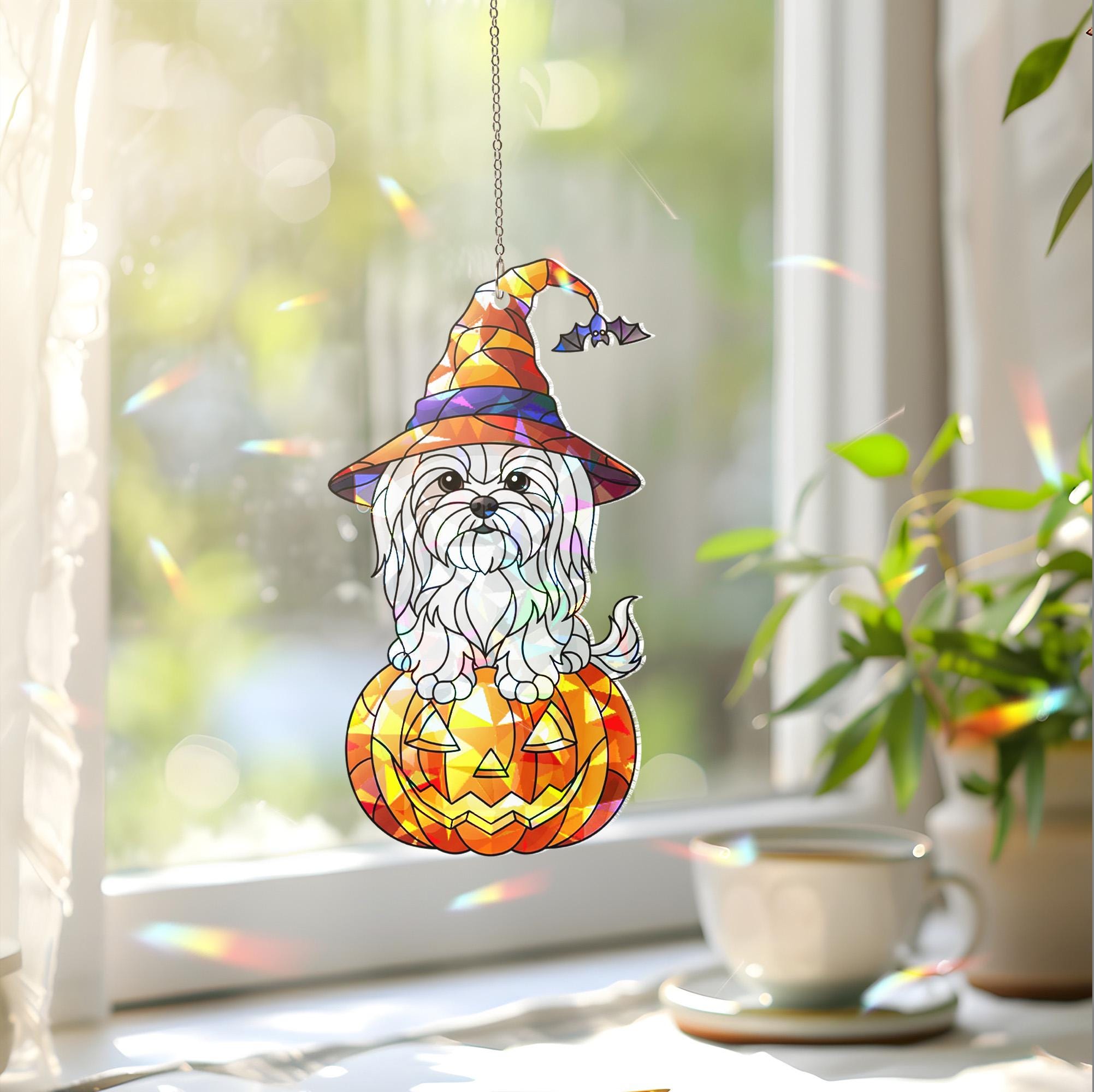 Cute Halloween Dog Suncatcher – Holographic Maltese Puppy on Pumpkin Window Hanging, Witch Hat Jack-o'-Lantern Fall Decor