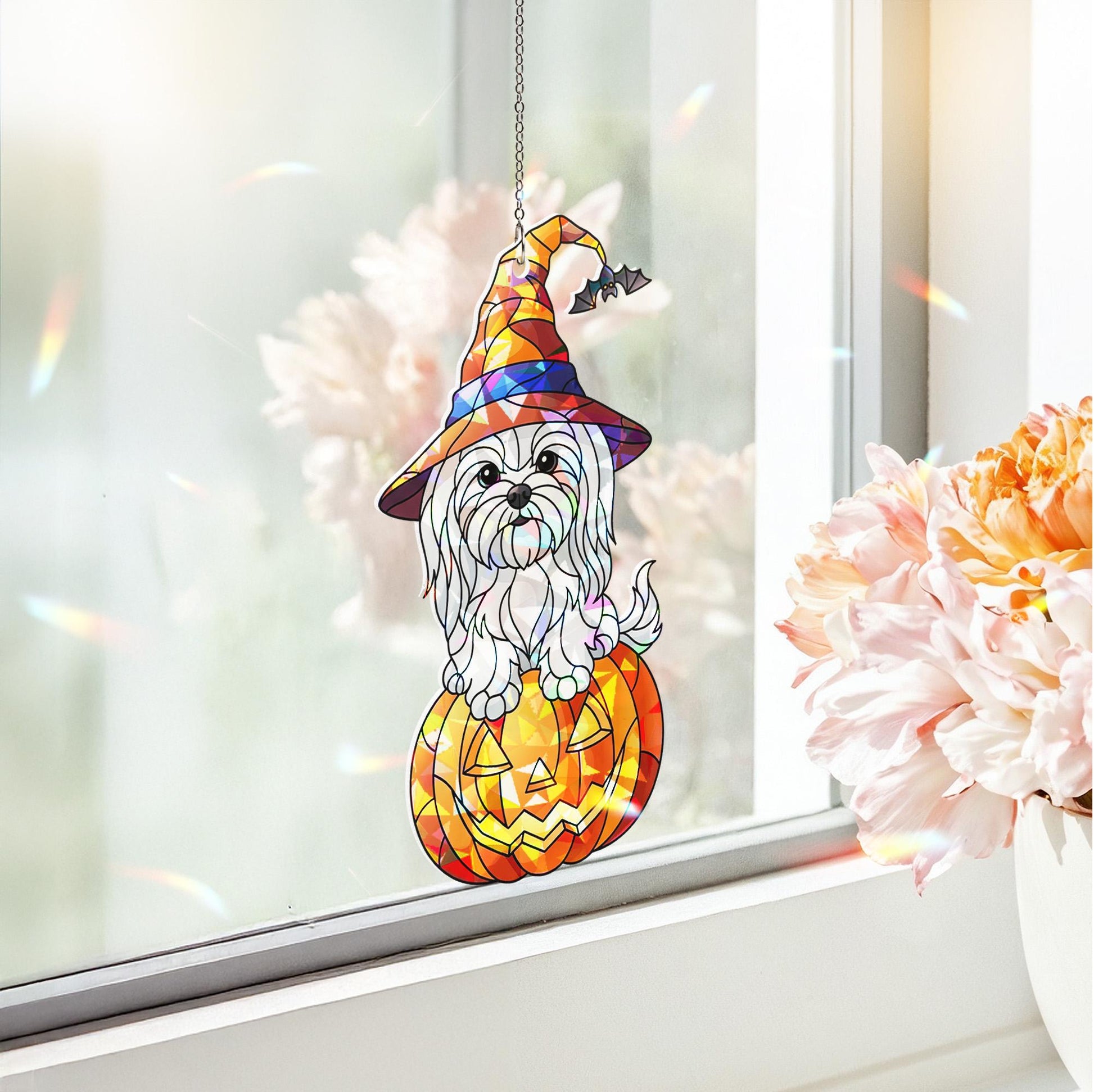 Cute Halloween Dog Suncatcher – Holographic Maltese Puppy on Pumpkin Window Hanging, Witch Hat Jack-o'-Lantern Fall Decor