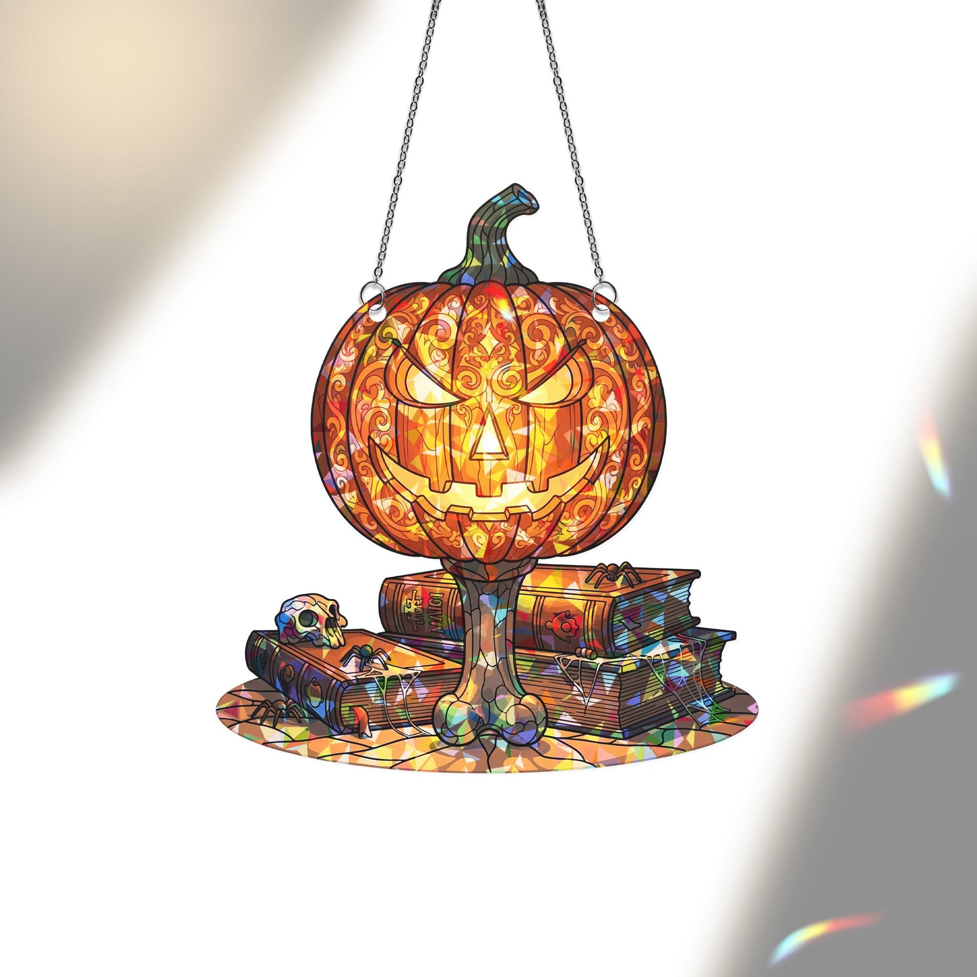 Halloween Pumpkin Suncatcher – Stained Glass Jack-o'-Lantern with Books, Skulls & Spiders – Spooky Hanging Halloween Window Decor