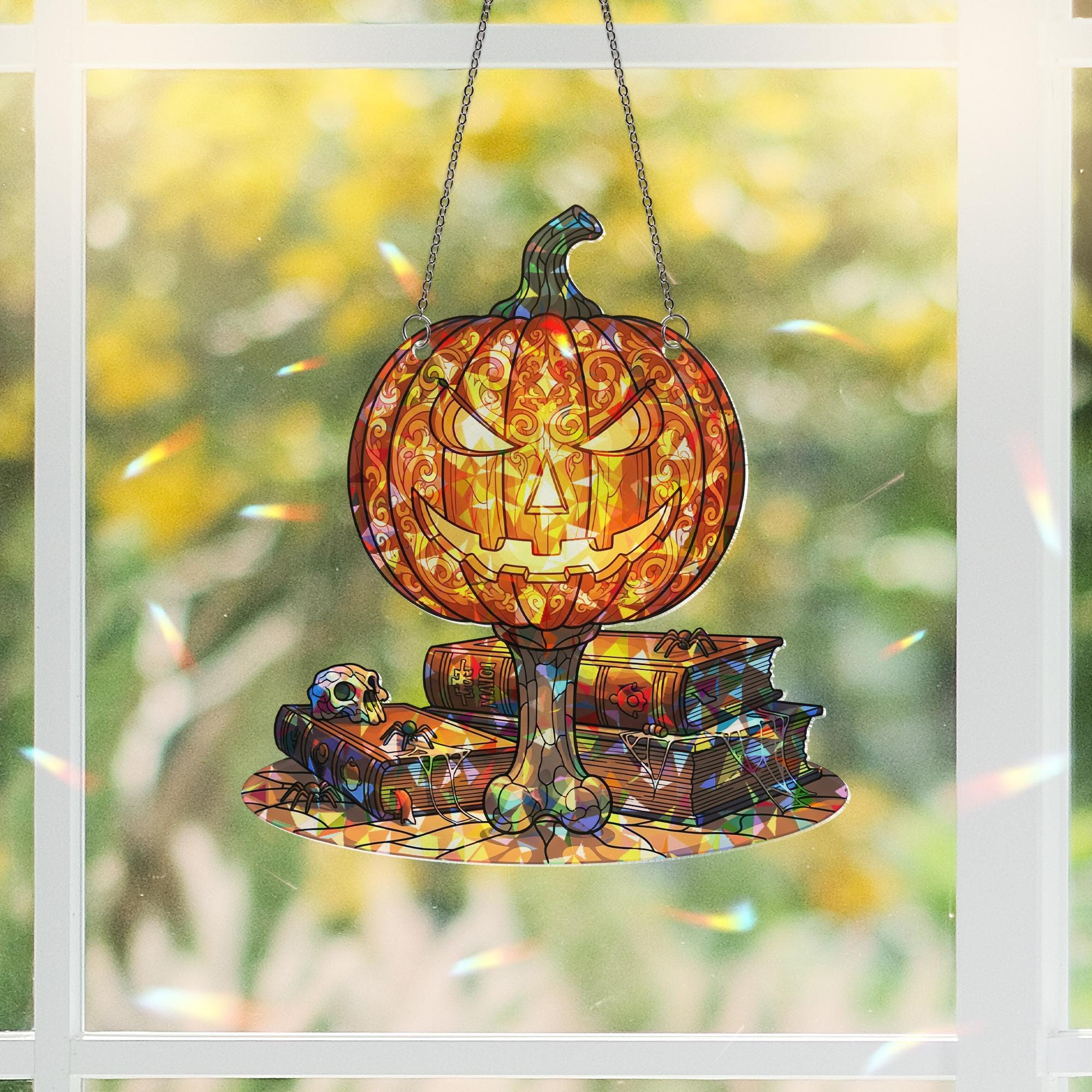 Halloween Pumpkin Suncatcher – Stained Glass Jack-o'-Lantern with Books, Skulls & Spiders – Spooky Hanging Halloween Window Decor