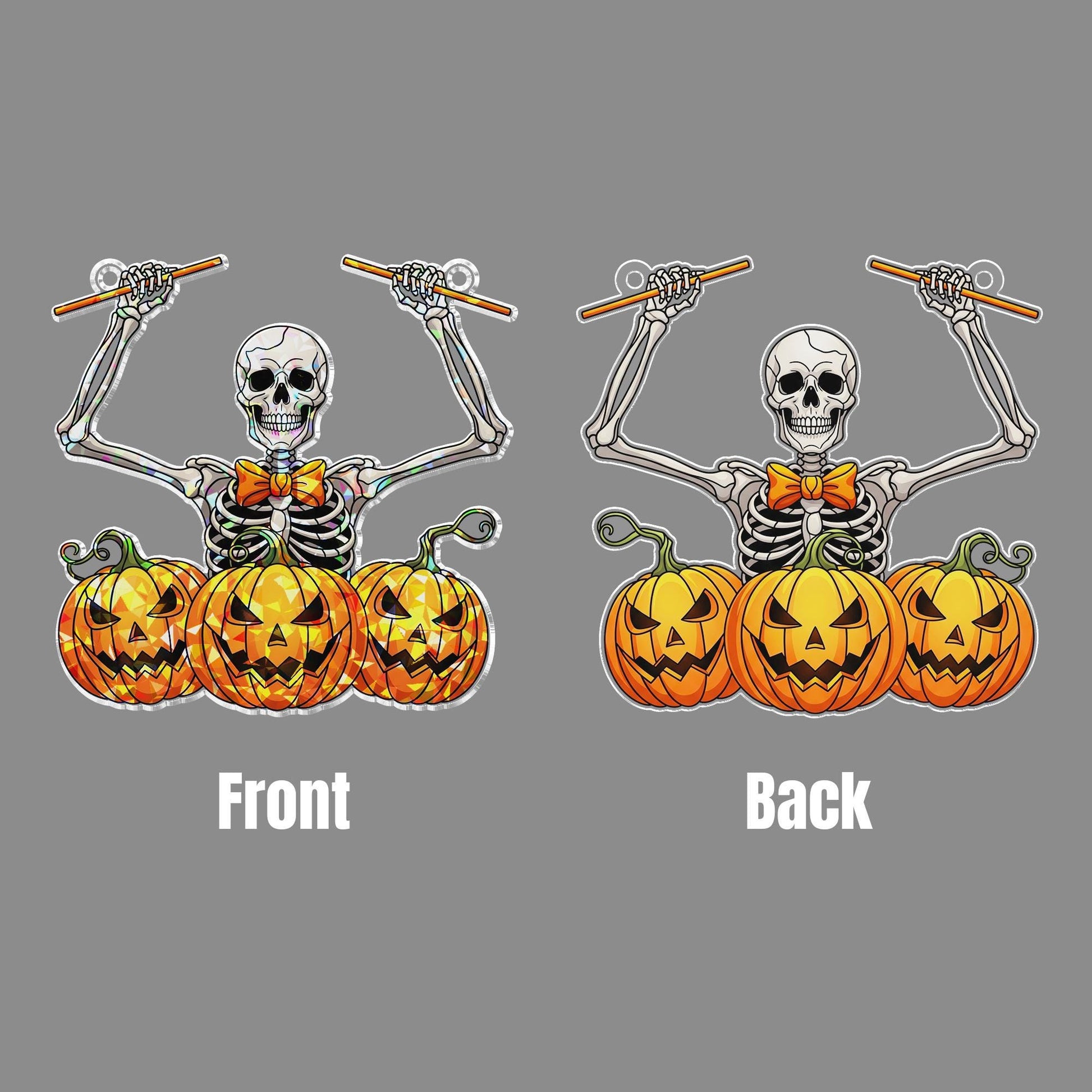 Skeleton Pumpkin Drummer Hologram Suncatcher – Funny Halloween Window Hanging, Spooky Music Decor for Haunted House or Party
