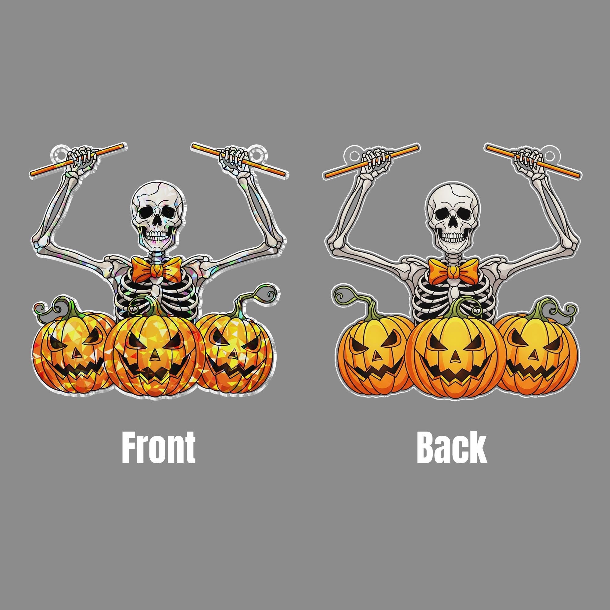 Skeleton Pumpkin Drummer Hologram Suncatcher – Funny Halloween Window Hanging, Spooky Music Decor for Haunted House or Party