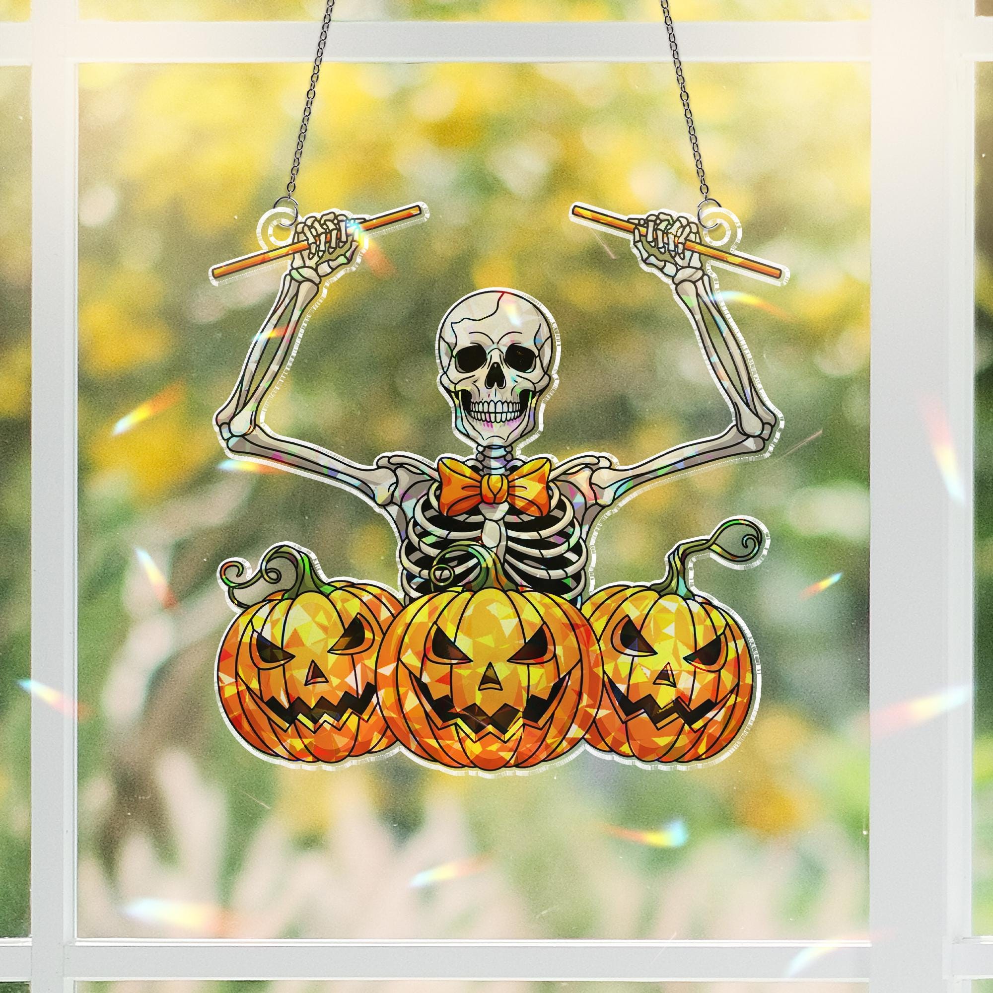 Skeleton Pumpkin Drummer Hologram Suncatcher – Funny Halloween Window Hanging, Spooky Music Decor for Haunted House or Party