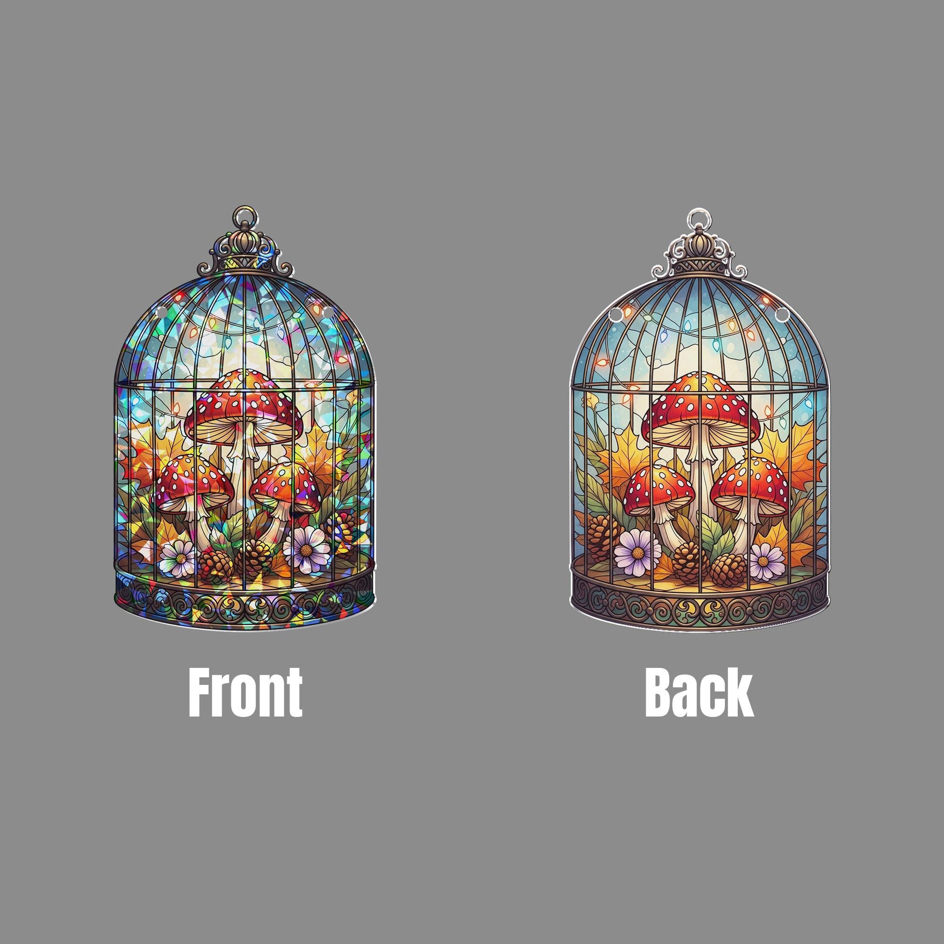 Whimsical Mushroom Terrarium Hologram Window Hanging – Fairycore Fungi Art, Fall Forest Decor, Cottagecore Glass Ornament