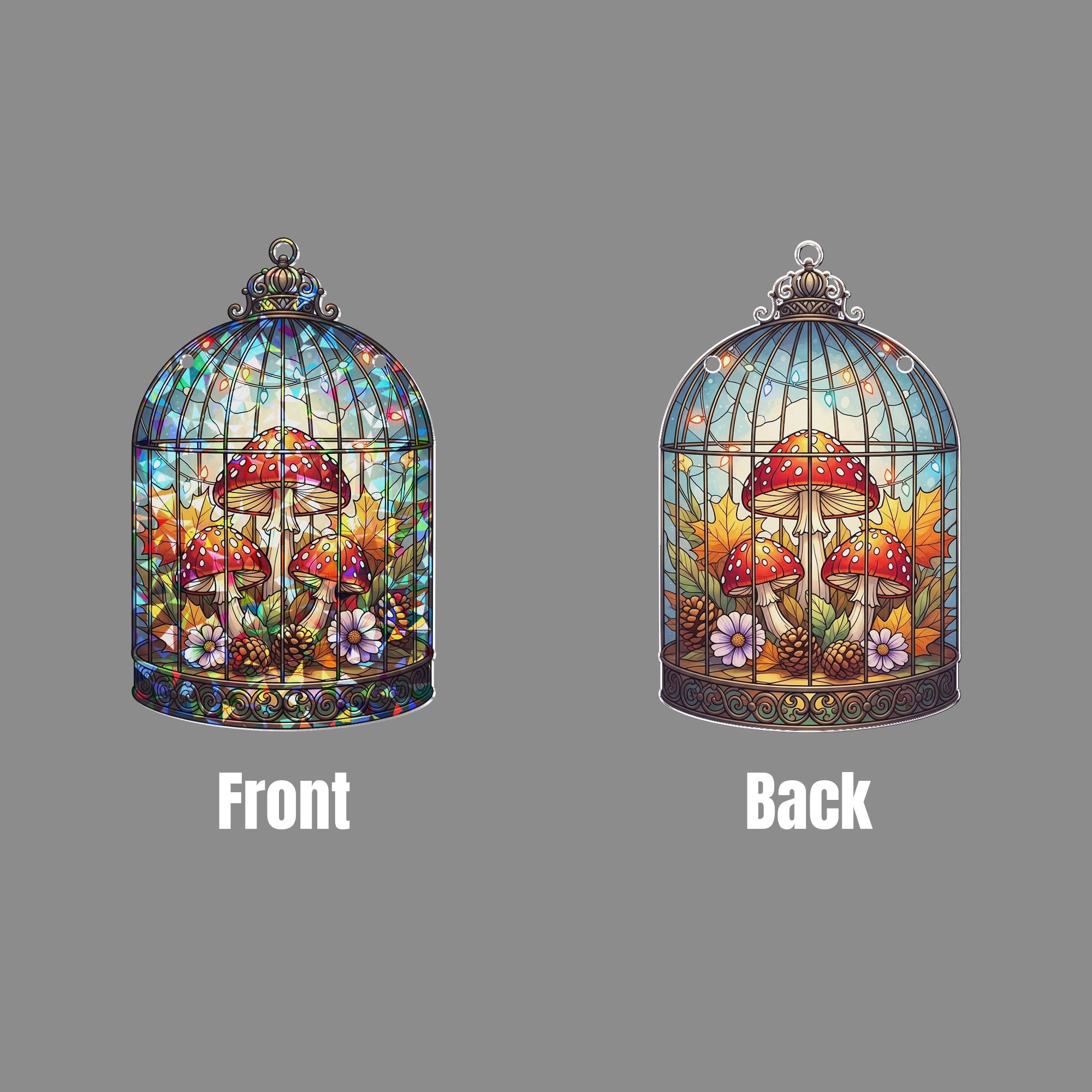 Whimsical Mushroom Terrarium Hologram Window Hanging – Fairycore Fungi Art, Fall Forest Decor, Cottagecore Glass Ornament