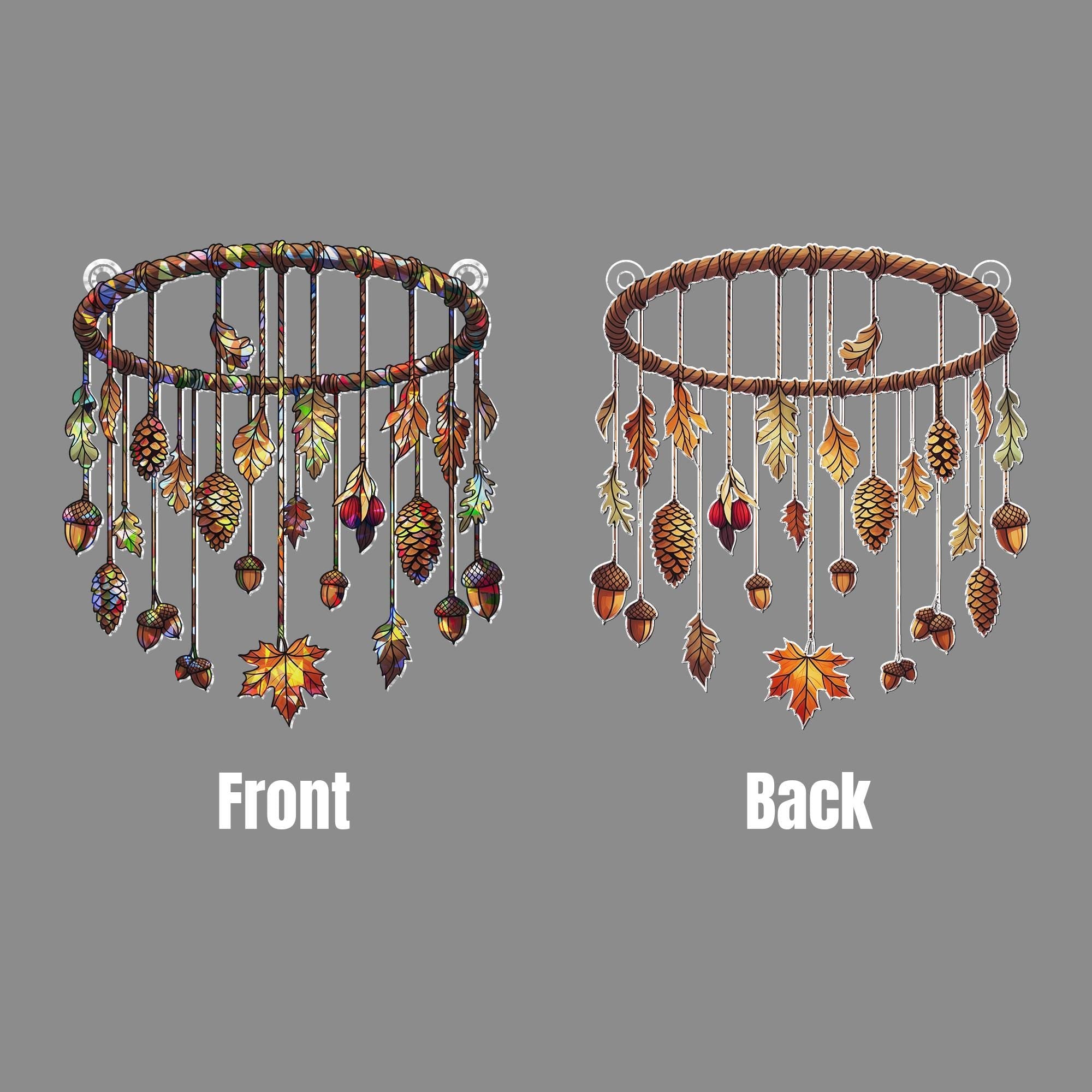 Autumn Leaves & Pinecones Holographic Window Hanging – Fall Acorn Sun Catcher Decor, Boho Forest Mobile Gift for Nature Lovers
