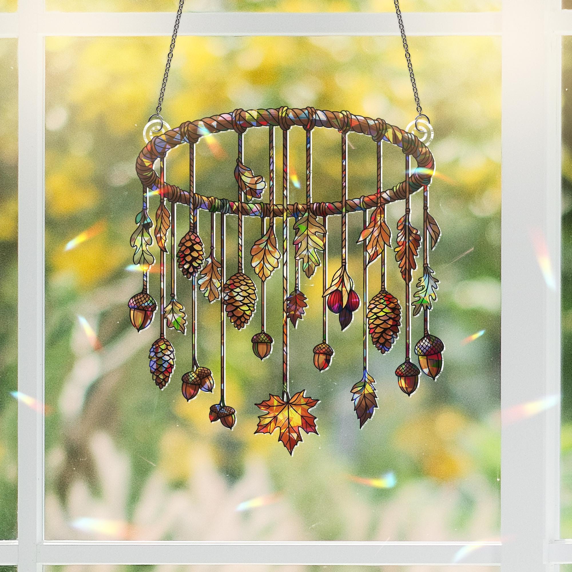 Autumn Leaves & Pinecones Holographic Window Hanging – Fall Acorn Sun Catcher Decor, Boho Forest Mobile Gift for Nature Lovers