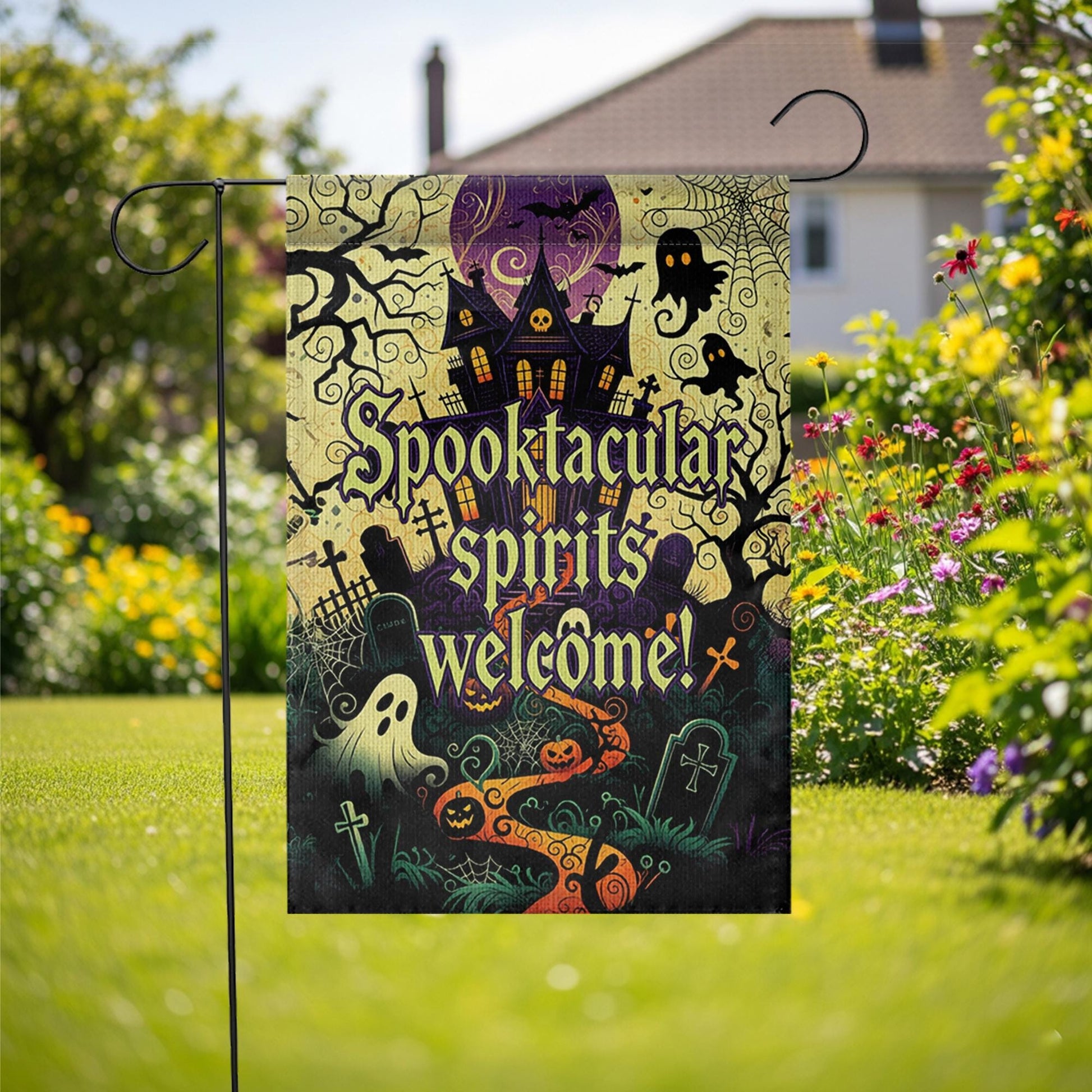 Spooktacular Spirits Welcome Garden Flag – Haunted House Halloween Outdoor Decor, Ghost Pumpkin Graveyard Yard Banner Sign