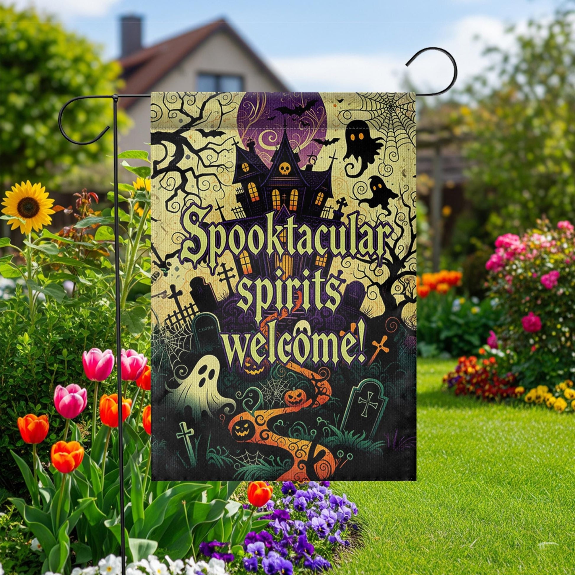 Spooktacular Spirits Welcome Garden Flag – Haunted House Halloween Outdoor Decor, Ghost Pumpkin Graveyard Yard Banner Sign