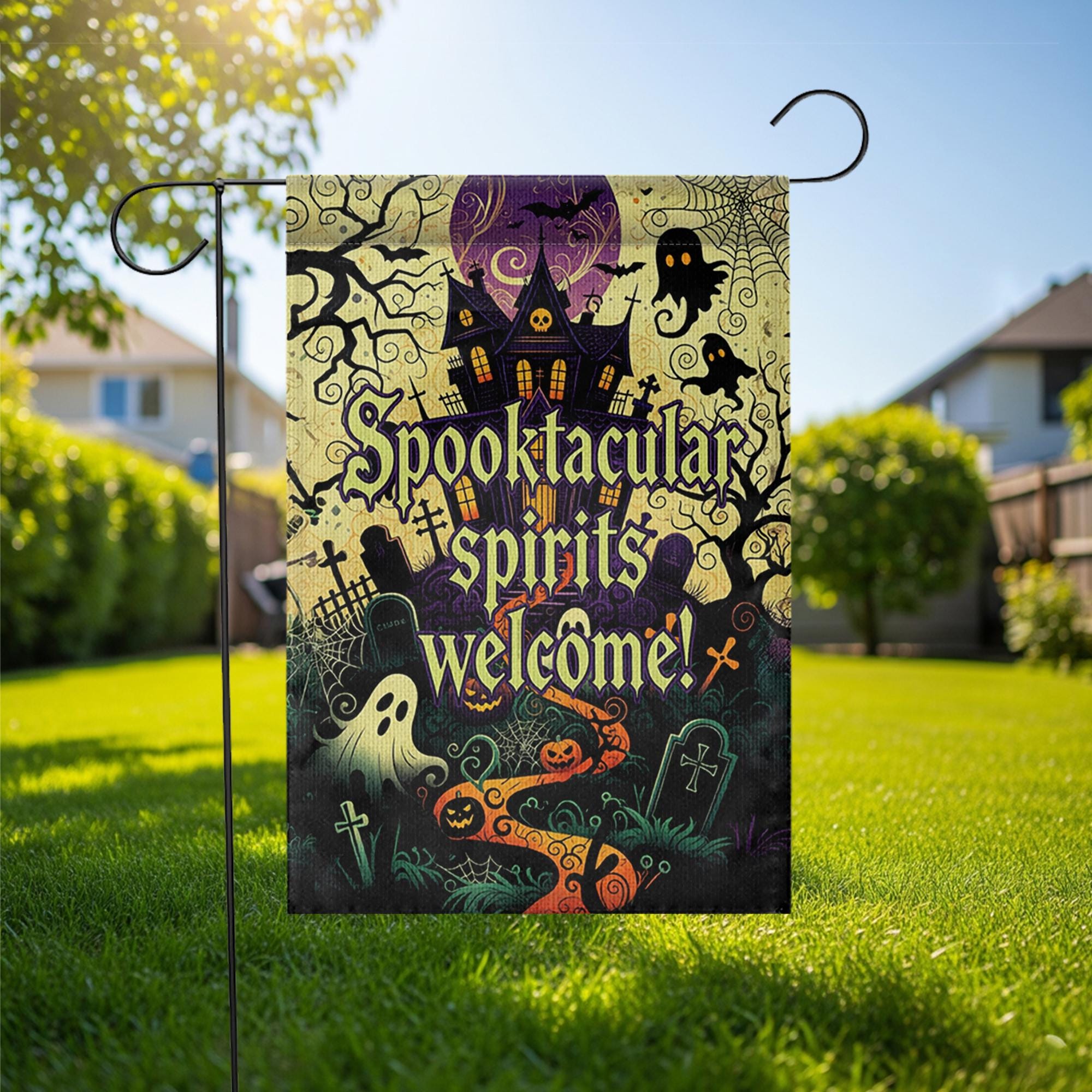 Spooktacular Spirits Welcome Garden Flag – Haunted House Halloween Outdoor Decor, Ghost Pumpkin Graveyard Yard Banner Sign