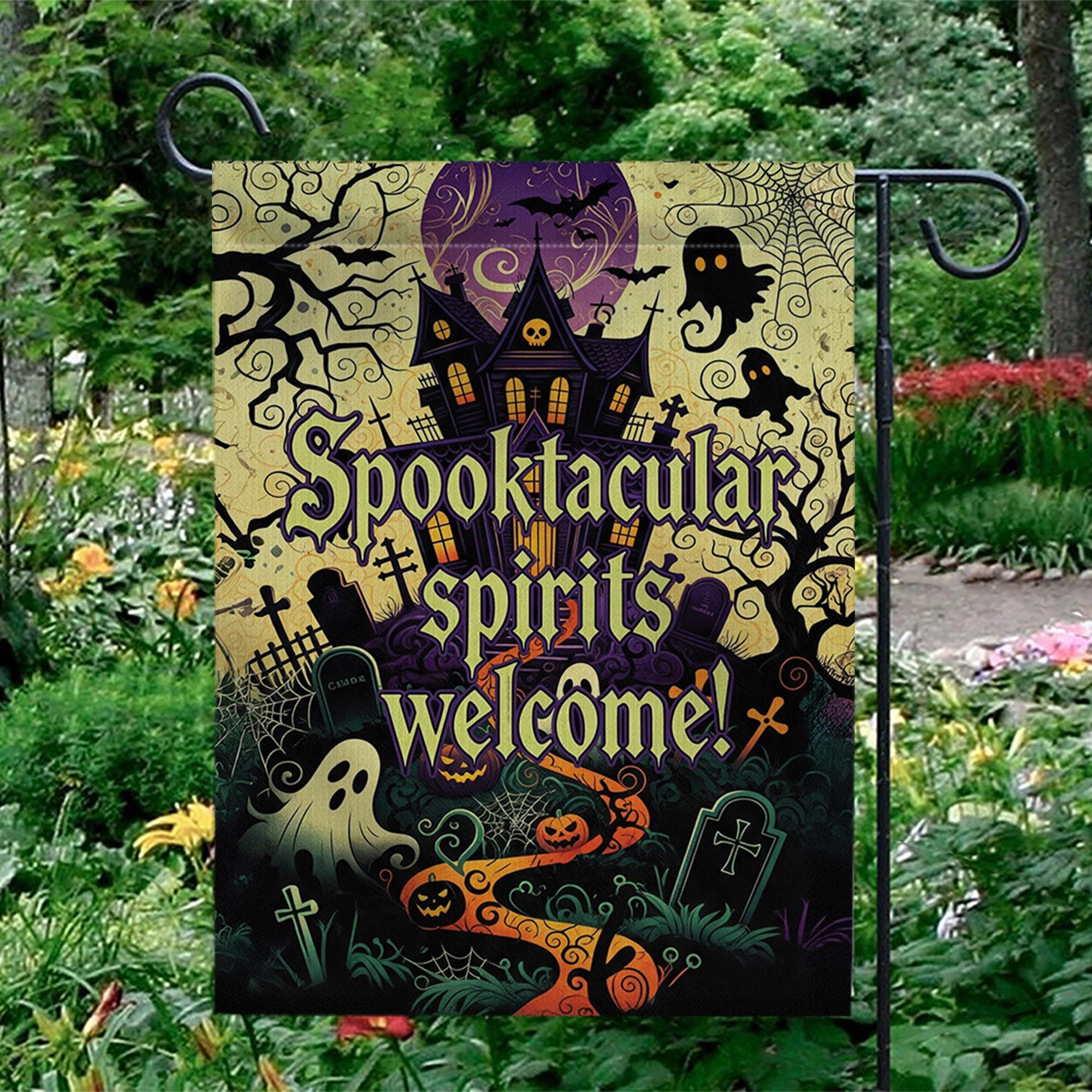 Spooktacular Spirits Welcome Garden Flag – Haunted House Halloween Outdoor Decor, Ghost Pumpkin Graveyard Yard Banner Sign