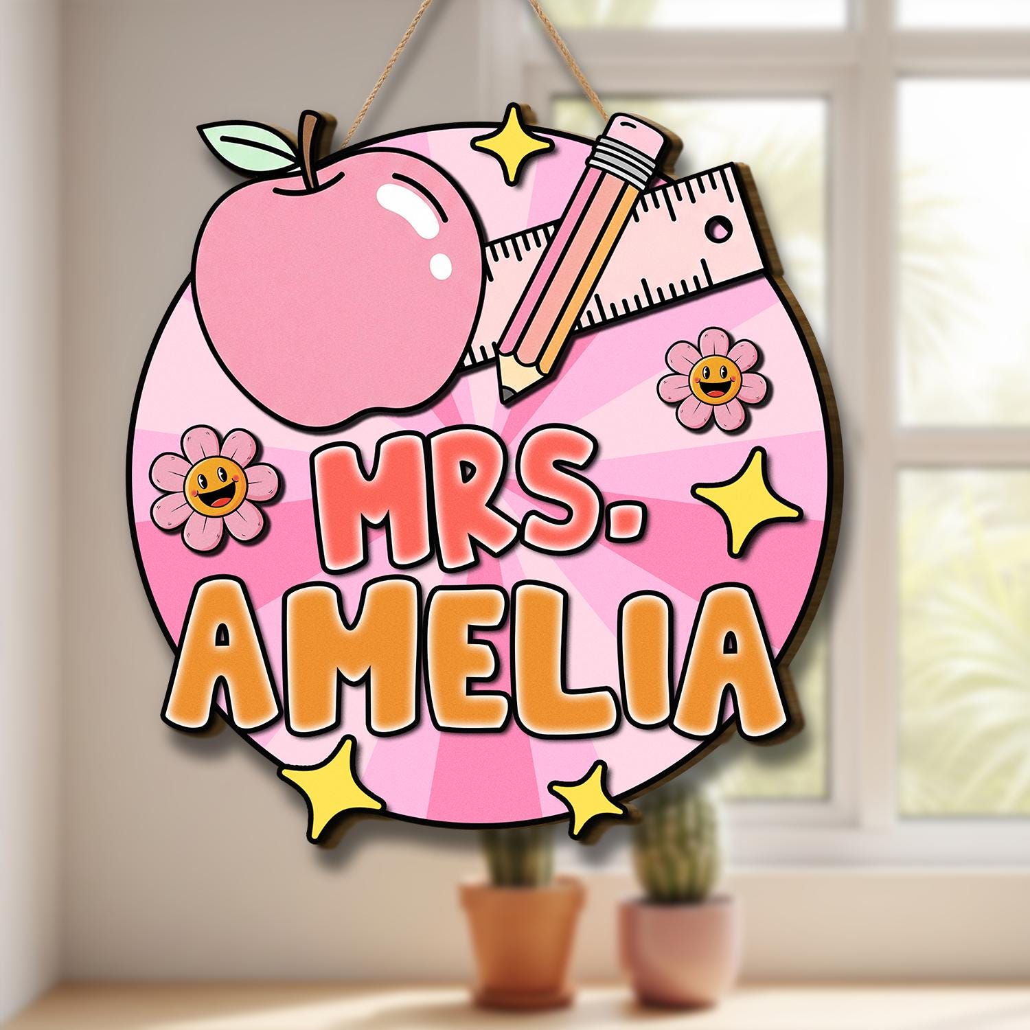 Personalized Teacher Door Sign, Cute Classroom Decor with Apple, Pencil & Flowers, Custom Name Back to School Gift for Educators, Teachers