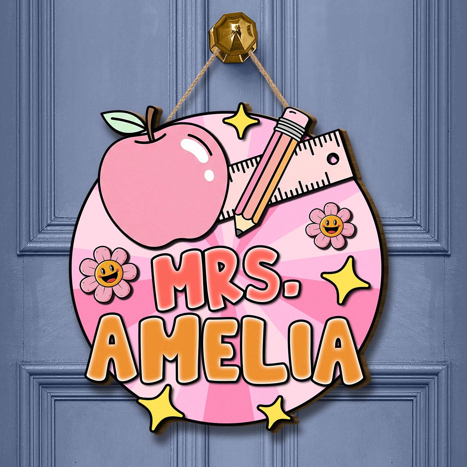 Personalized Teacher Door Sign, Cute Classroom Decor with Apple, Pencil & Flowers, Custom Name Back to School Gift for Educators, Teachers