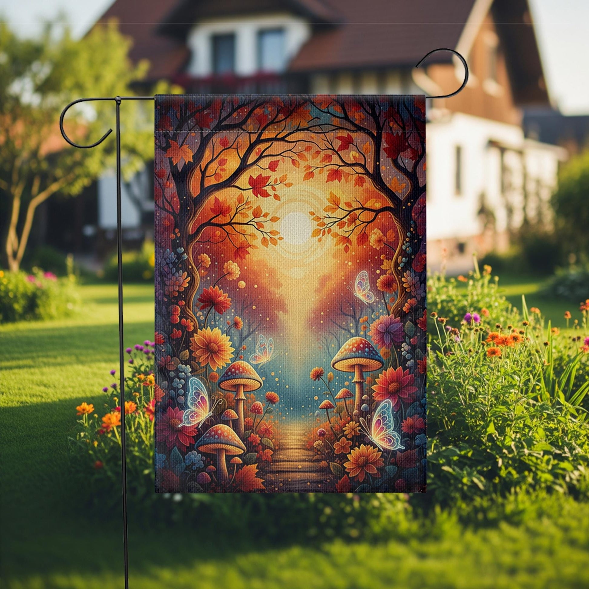 Whimsical Autumn Fairy Garden Flag – Fall Mushrooms, Butterflies & Sunlight Path Outdoor Yard Decor, Fantasy Woodland Landscape