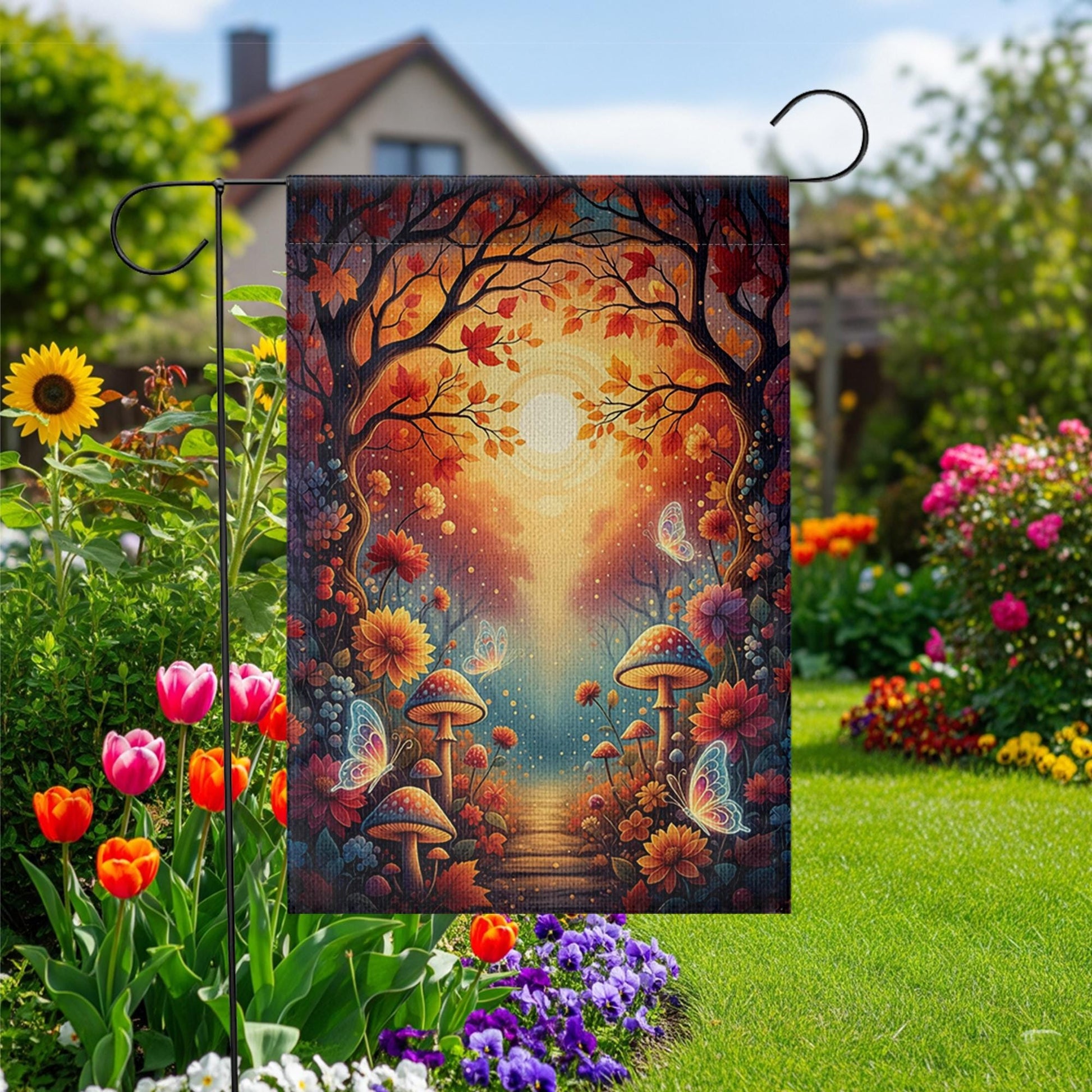 Whimsical Autumn Fairy Garden Flag – Fall Mushrooms, Butterflies & Sunlight Path Outdoor Yard Decor, Fantasy Woodland Landscape