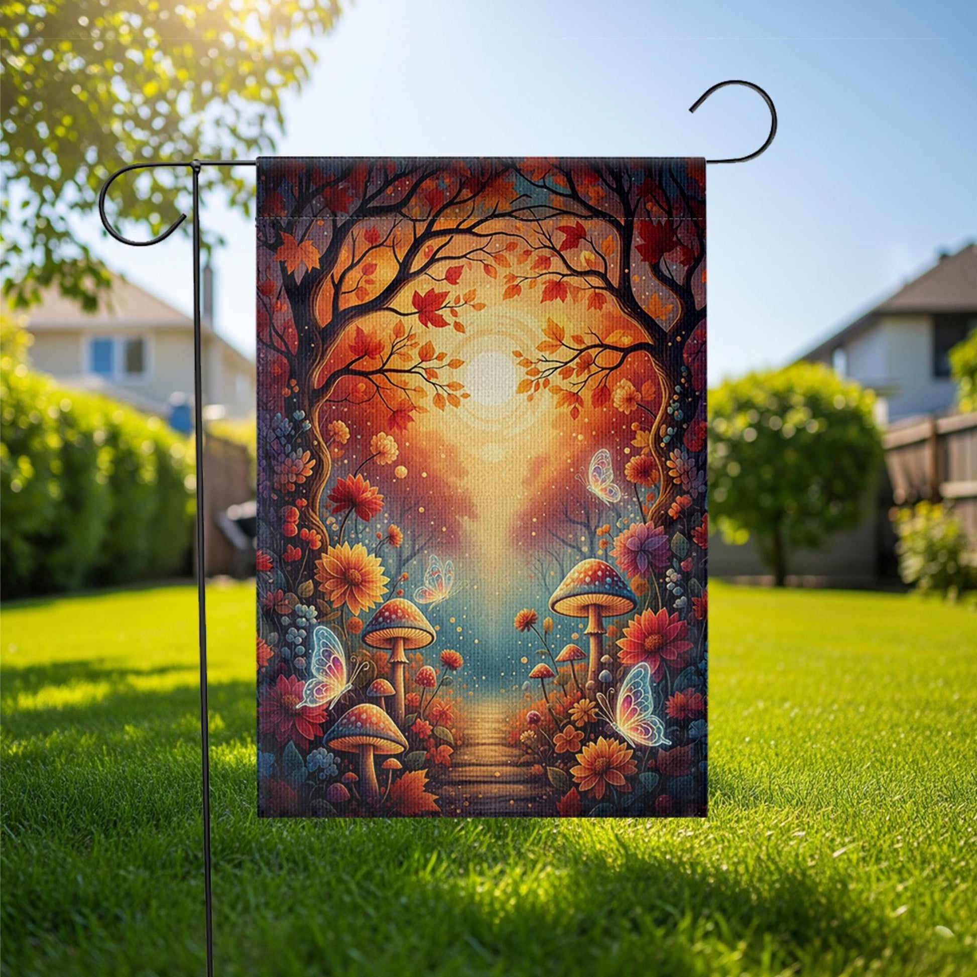 Whimsical Autumn Fairy Garden Flag – Fall Mushrooms, Butterflies & Sunlight Path Outdoor Yard Decor, Fantasy Woodland Landscape