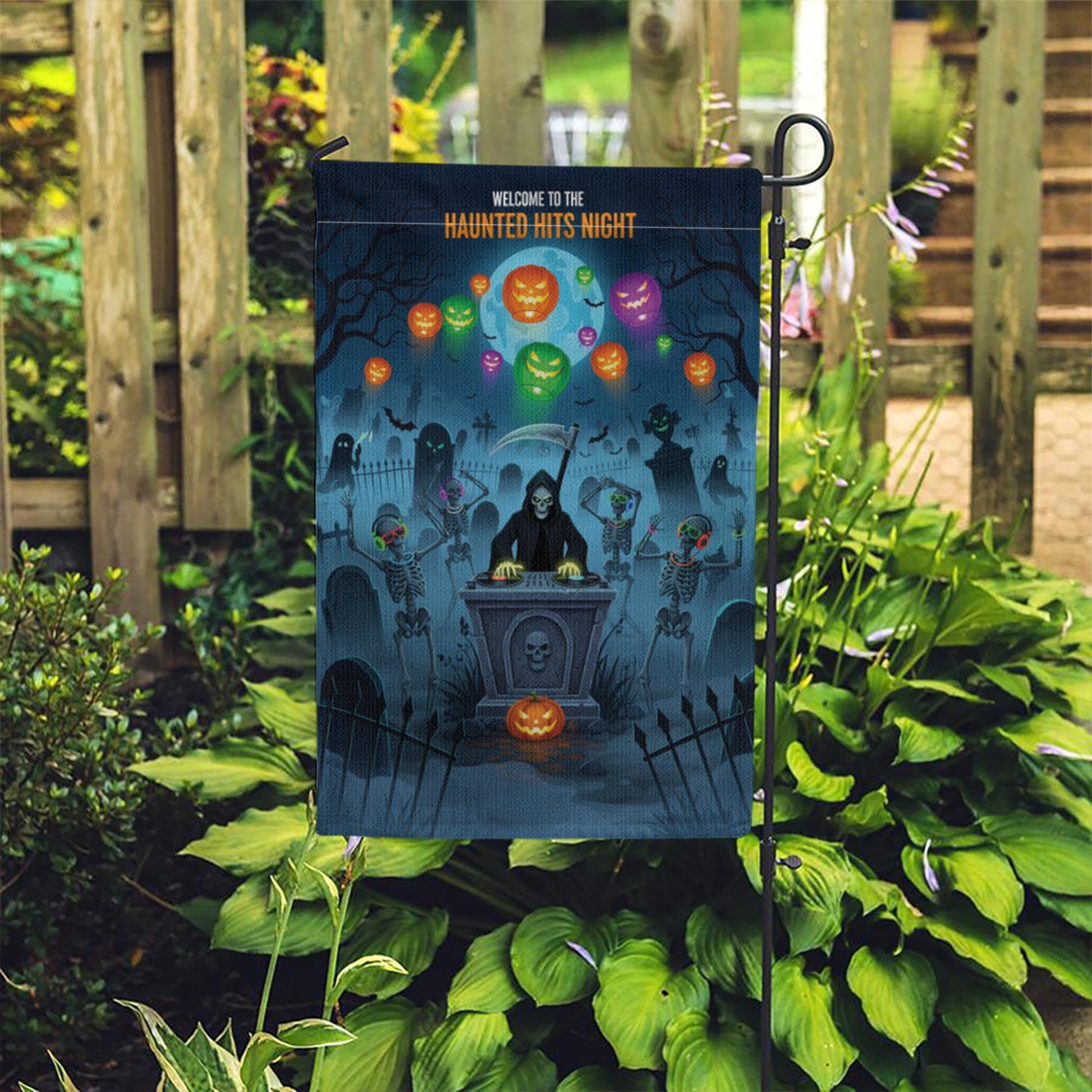 Halloween Garden Flag - Haunted Hits Night Yard Decor with Dancing Skeletons & Grim Reaper - Spooky Outdoor Decoration for Halloween Party