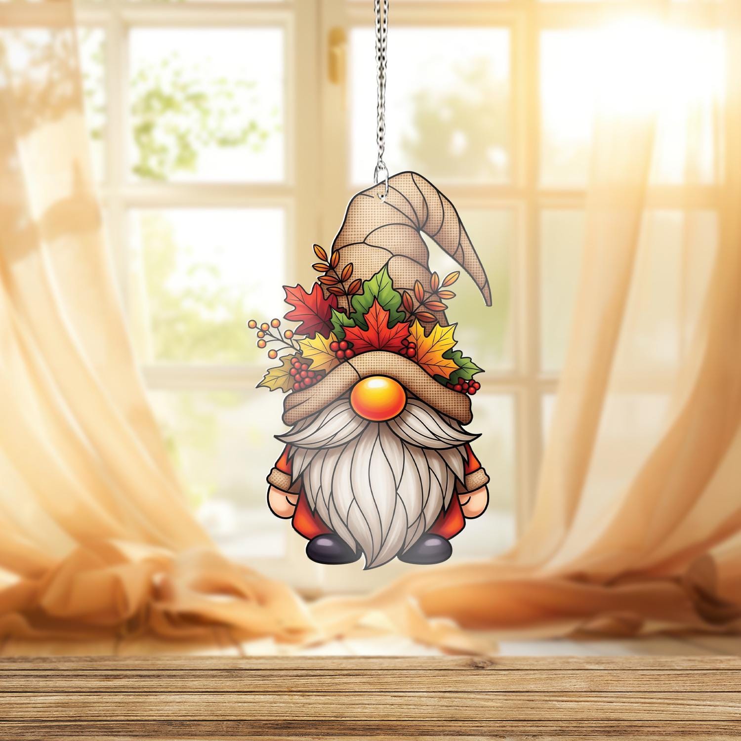 Autumn Gnome Window Hanging – Fall Leaves Sun Catcher Decor, Cute Gnome Suncatcher for Thanksgiving, Autumn Harvest Home Gift
