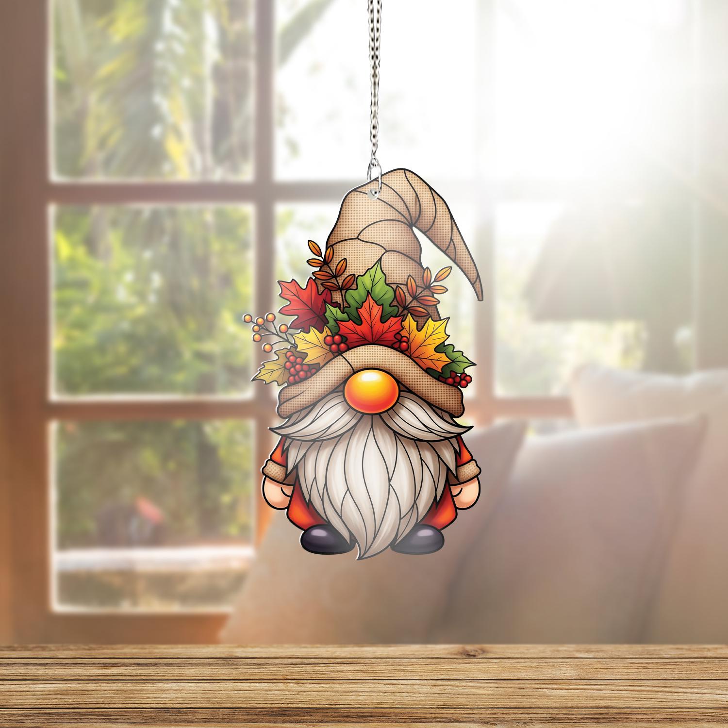 Autumn Gnome Window Hanging – Fall Leaves Sun Catcher Decor, Cute Gnome Suncatcher for Thanksgiving, Autumn Harvest Home Gift