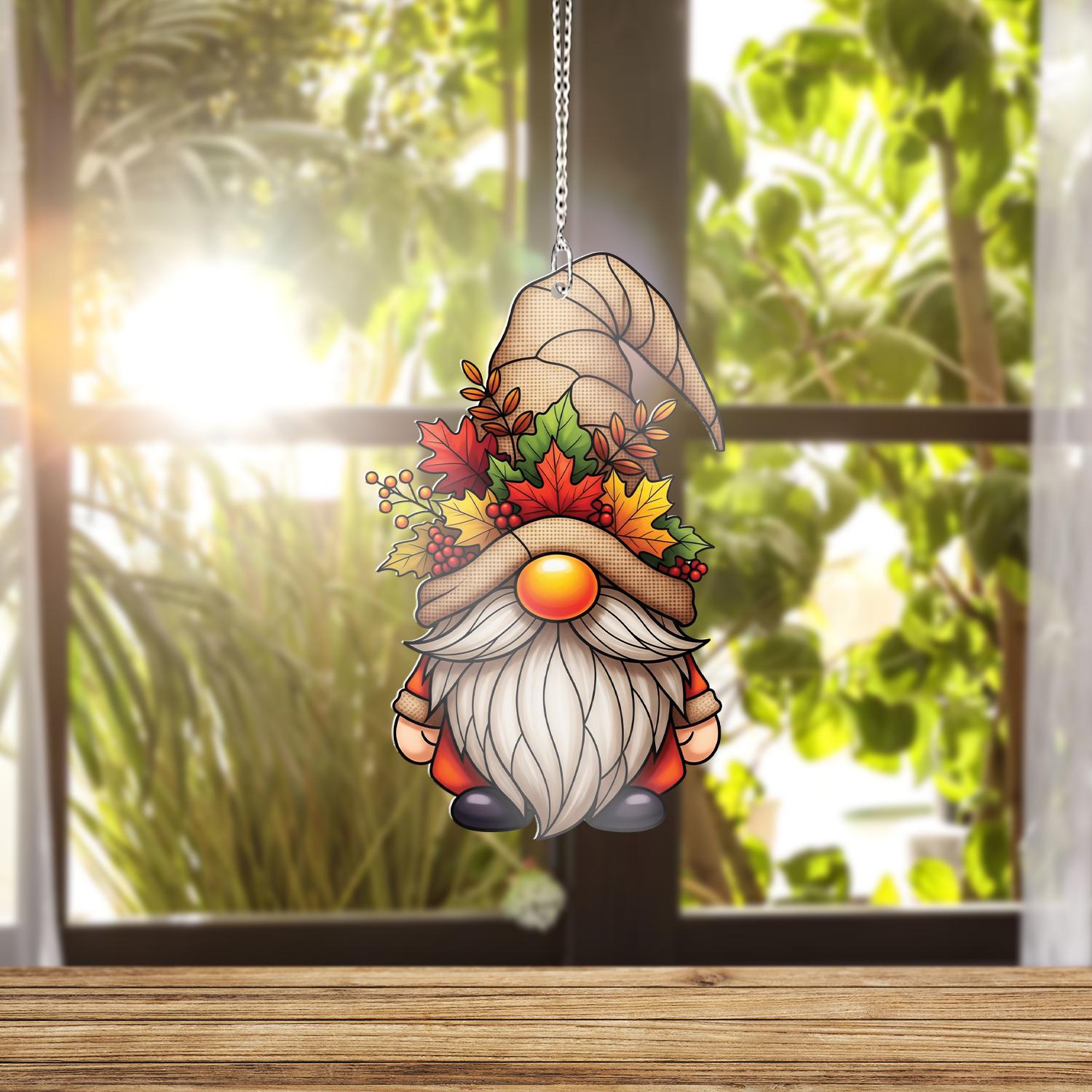 Autumn Gnome Window Hanging – Fall Leaves Sun Catcher Decor, Cute Gnome Suncatcher for Thanksgiving, Autumn Harvest Home Gift