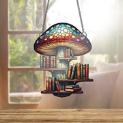 Mushroom Bookshelf Window Hanging – Stained Glass Book Lover Decor, Fantasy Library Suncatcher, Cottagecore Reading Gift