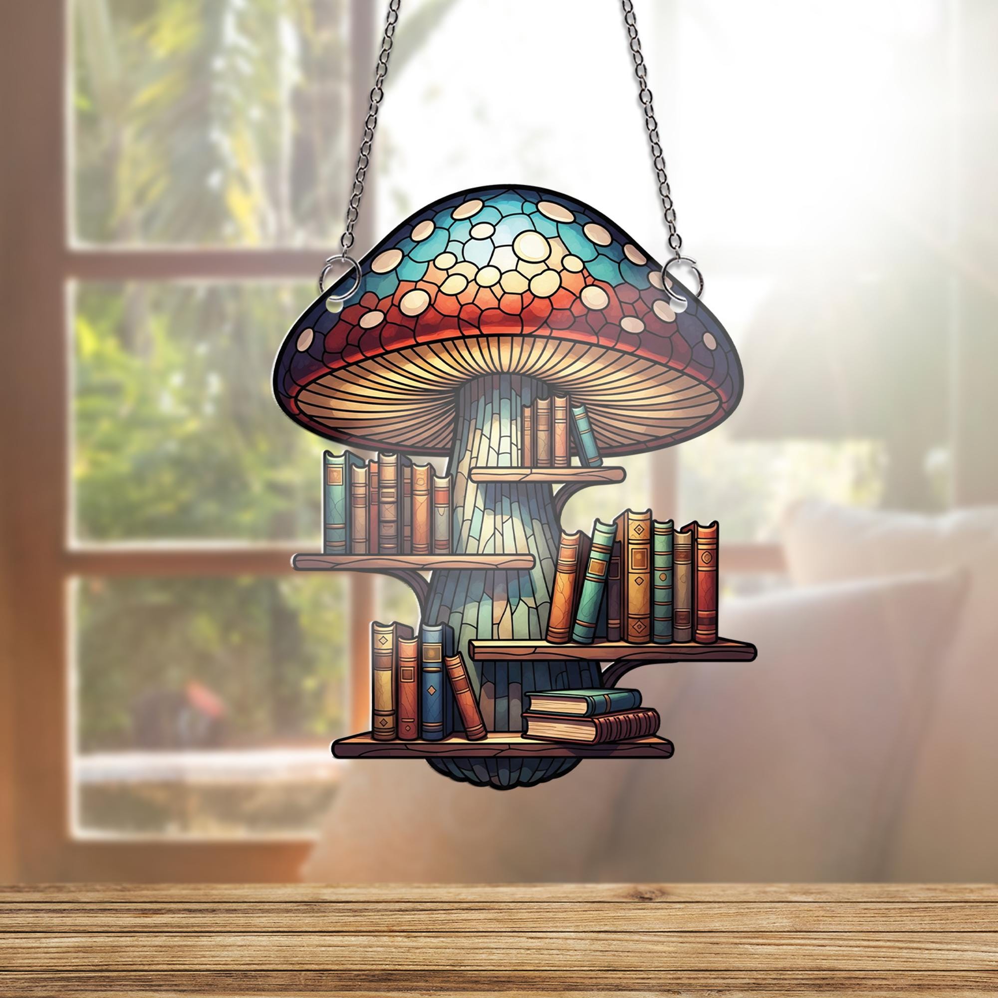 Mushroom Bookshelf Window Hanging – Stained Glass Book Lover Decor, Fantasy Library Suncatcher, Cottagecore Reading Gift