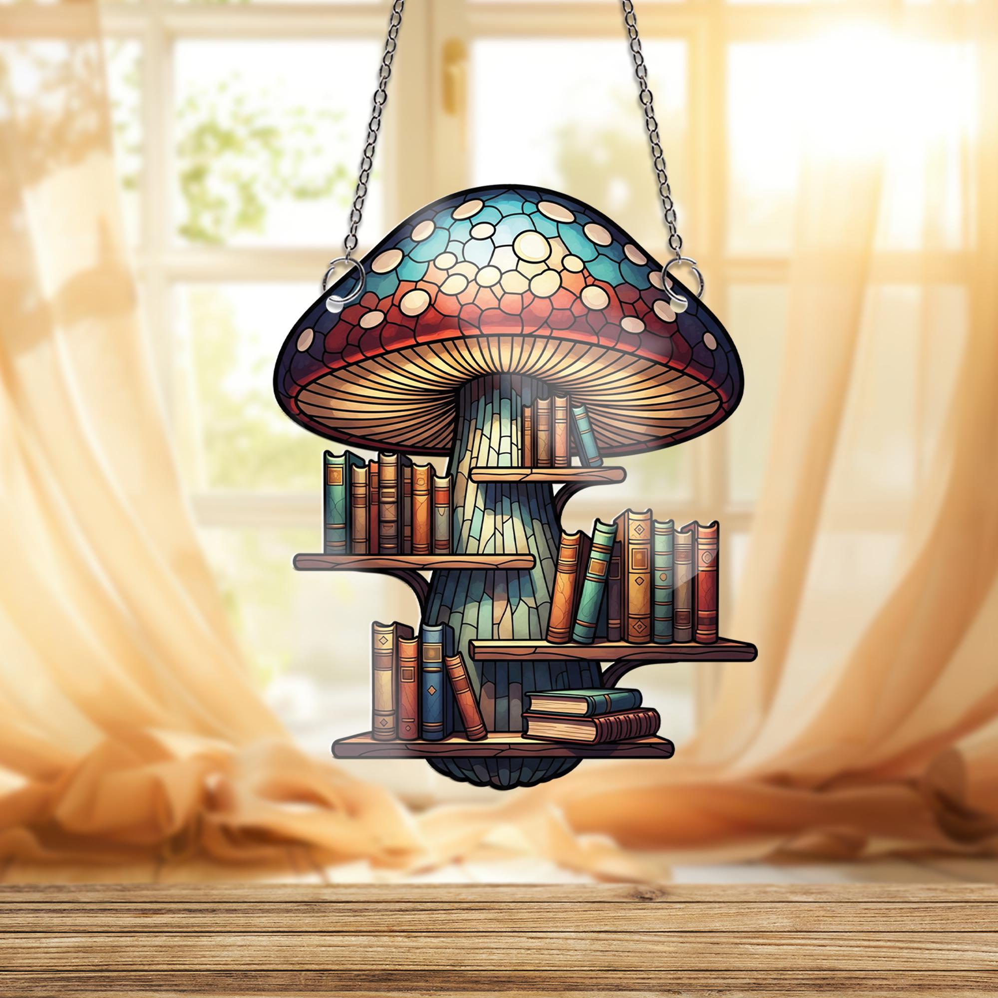 Mushroom Bookshelf Window Hanging – Stained Glass Book Lover Decor, Fantasy Library Suncatcher, Cottagecore Reading Gift