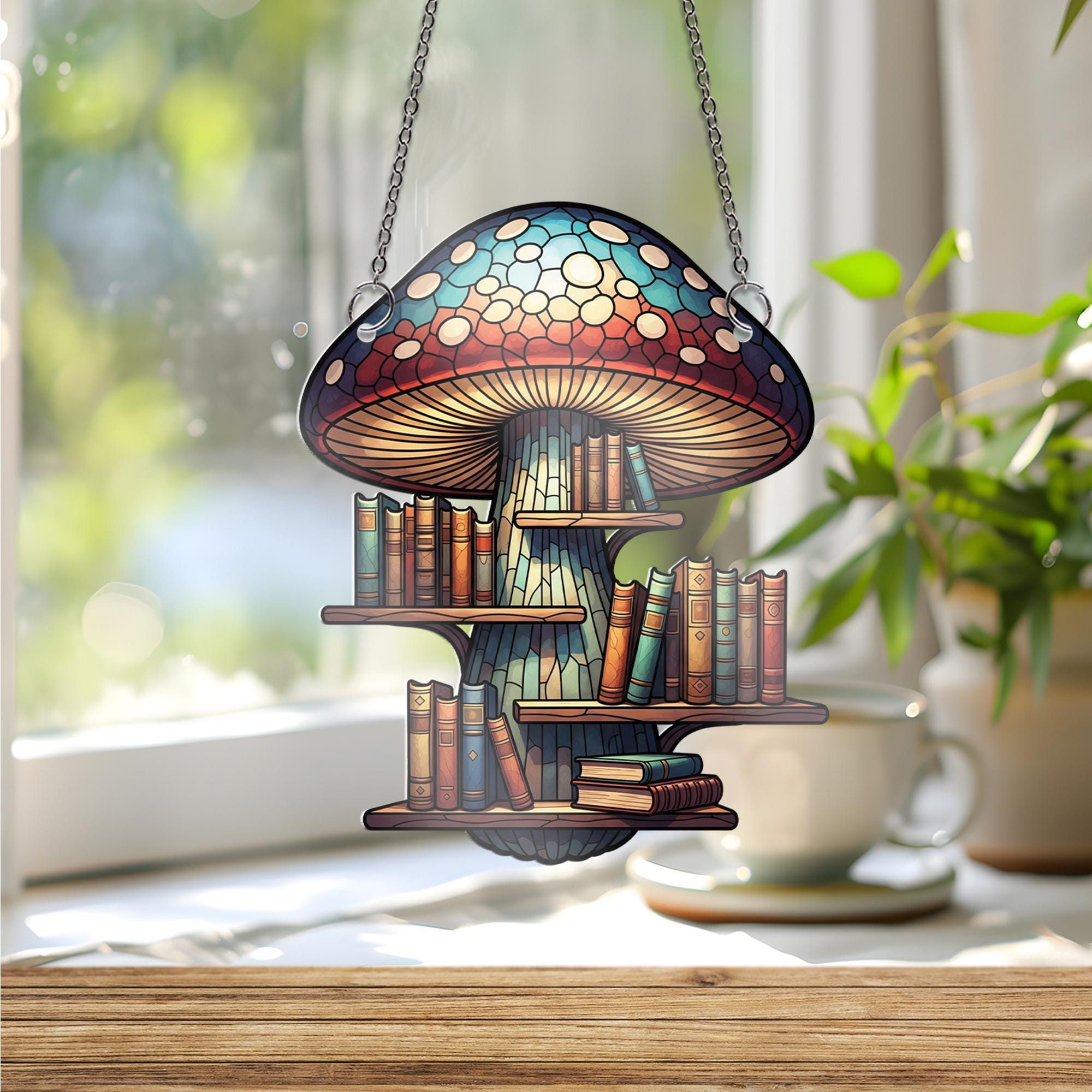 Mushroom Bookshelf Window Hanging – Stained Glass Book Lover Decor, Fantasy Library Suncatcher, Cottagecore Reading Gift