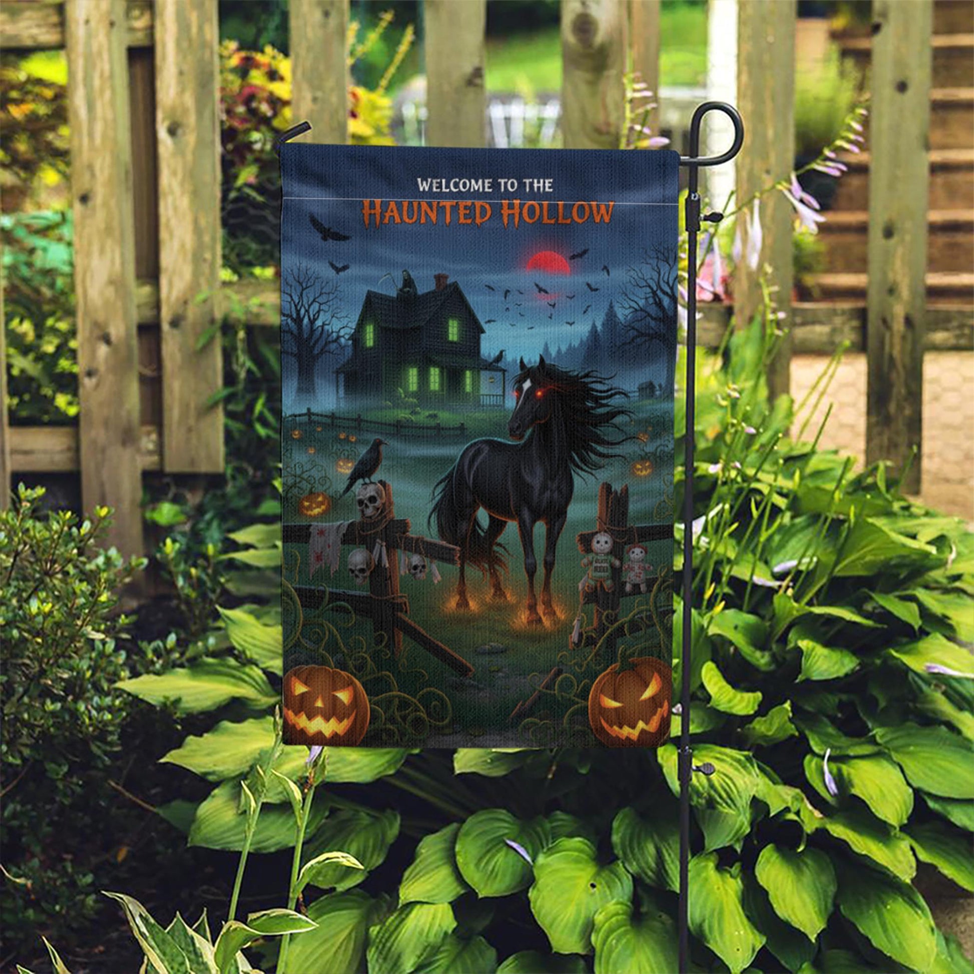 Haunted Hollow Garden Flag – Spooky Halloween Yard Decor with Black Horse, Haunted House & Pumpkins – Creepy Outdoor Decoration