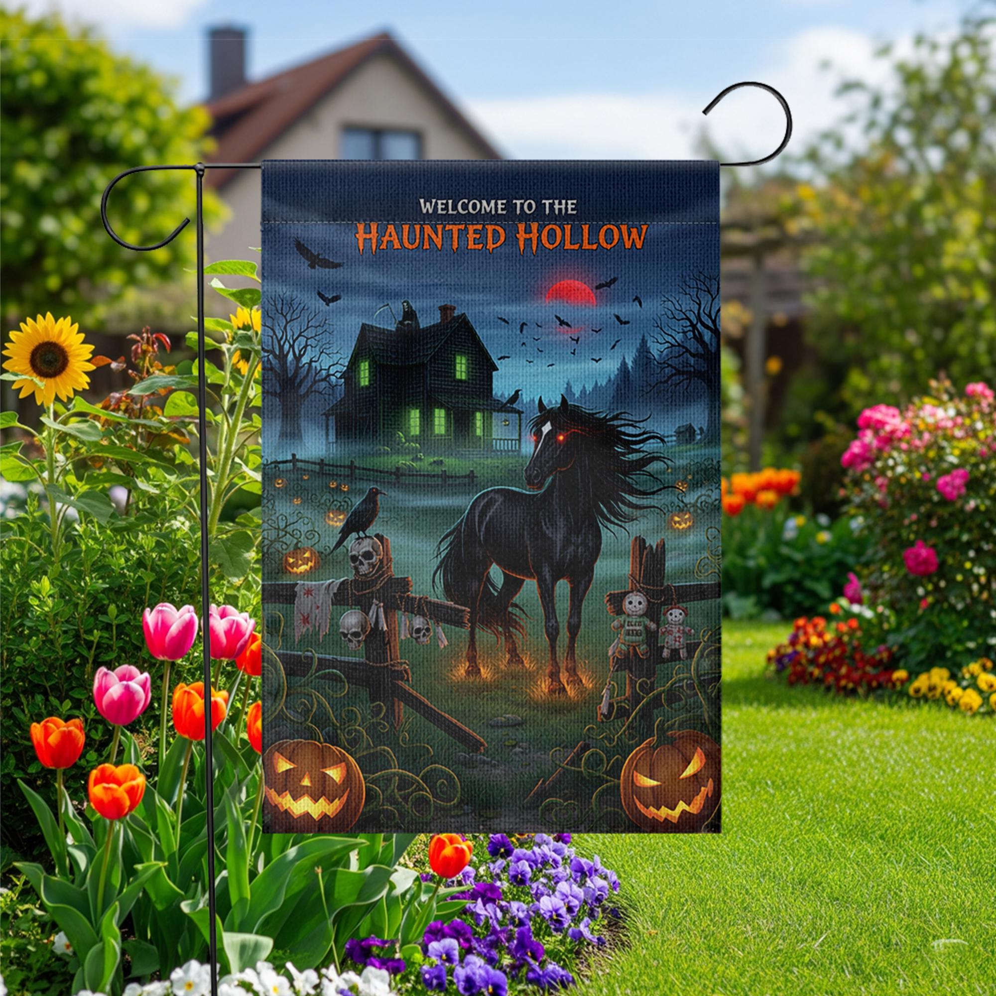 Haunted Hollow Garden Flag – Spooky Halloween Yard Decor with Black Horse, Haunted House & Pumpkins – Creepy Outdoor Decoration