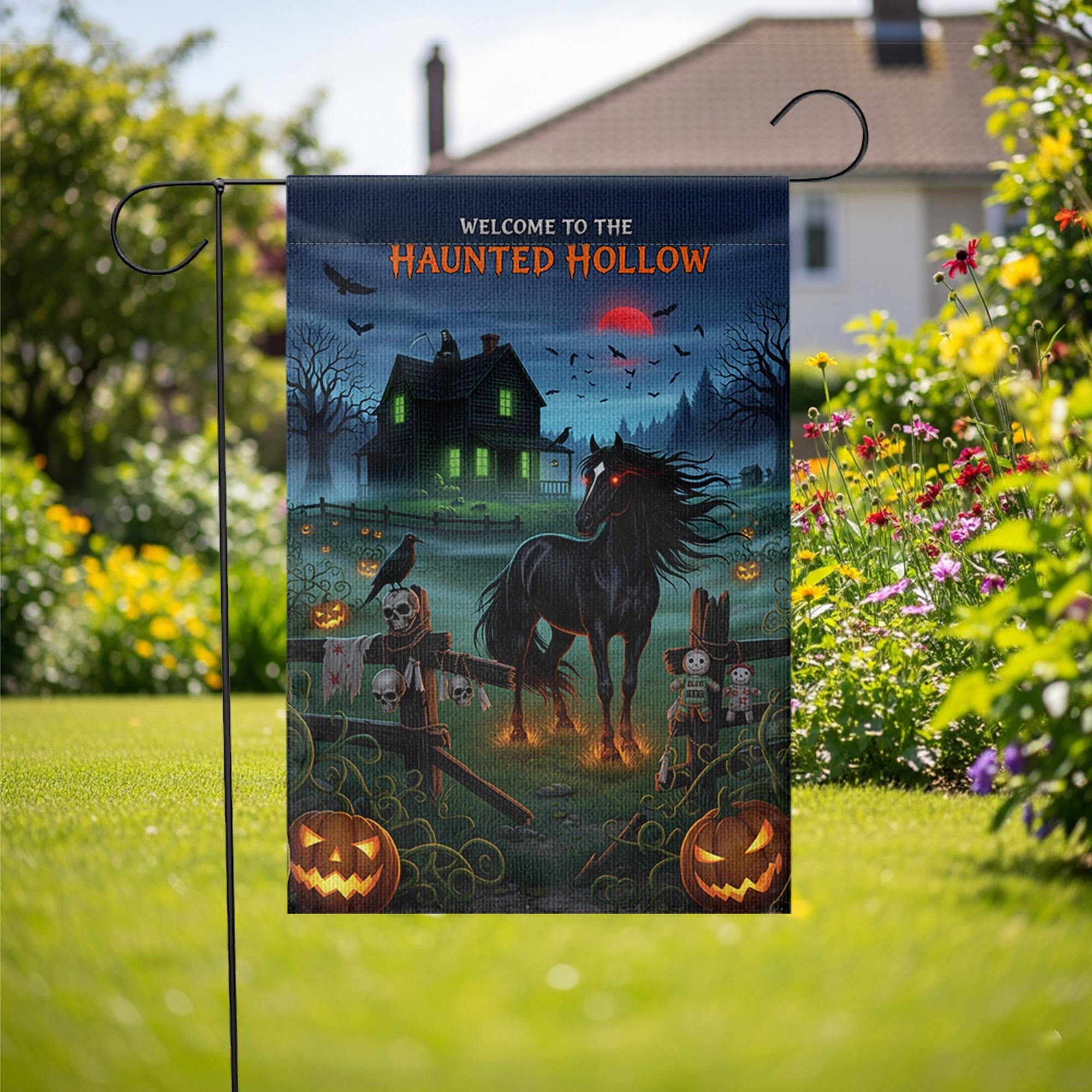 Haunted Hollow Garden Flag – Spooky Halloween Yard Decor with Black Horse, Haunted House & Pumpkins – Creepy Outdoor Decoration