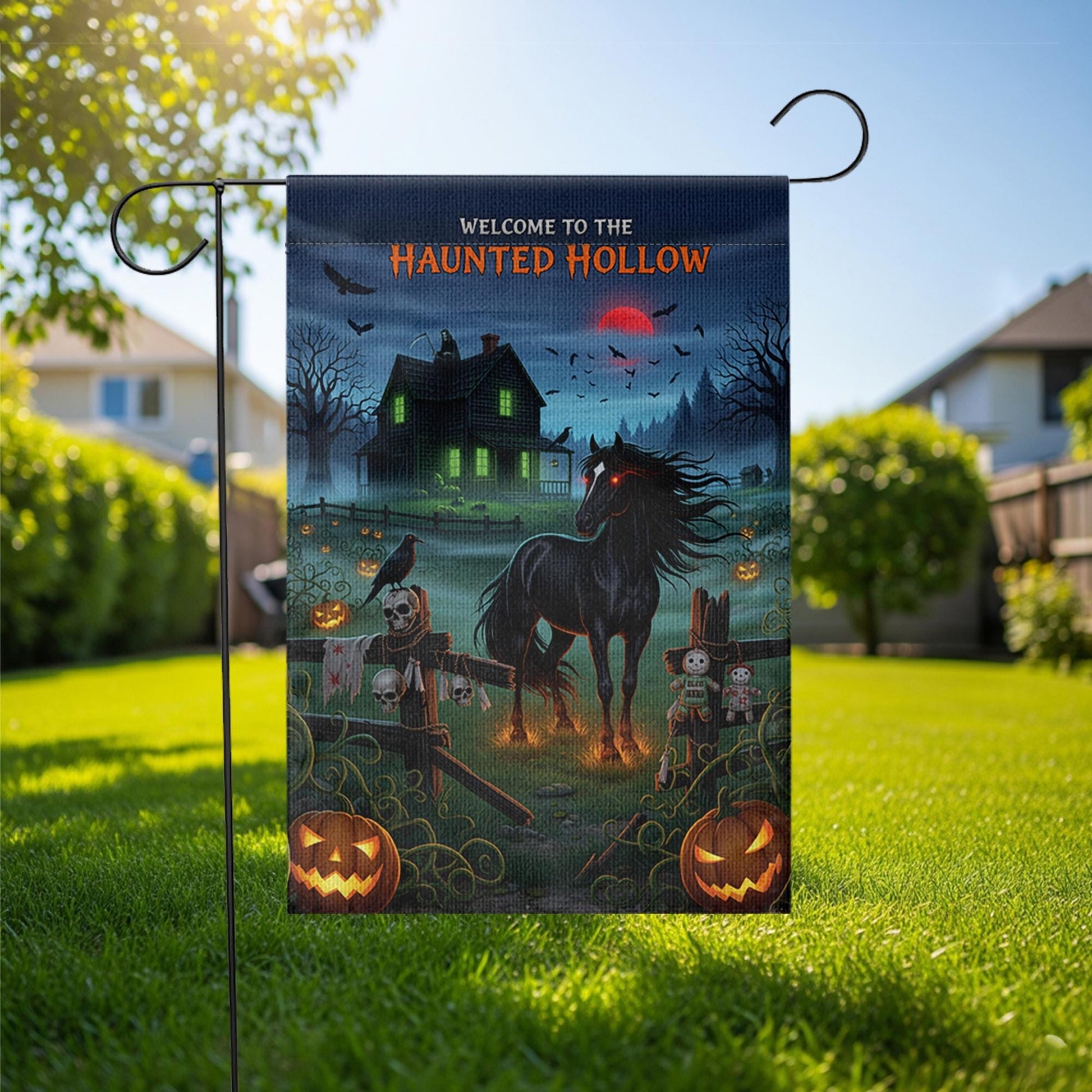 Haunted Hollow Garden Flag – Spooky Halloween Yard Decor with Black Horse, Haunted House & Pumpkins – Creepy Outdoor Decoration