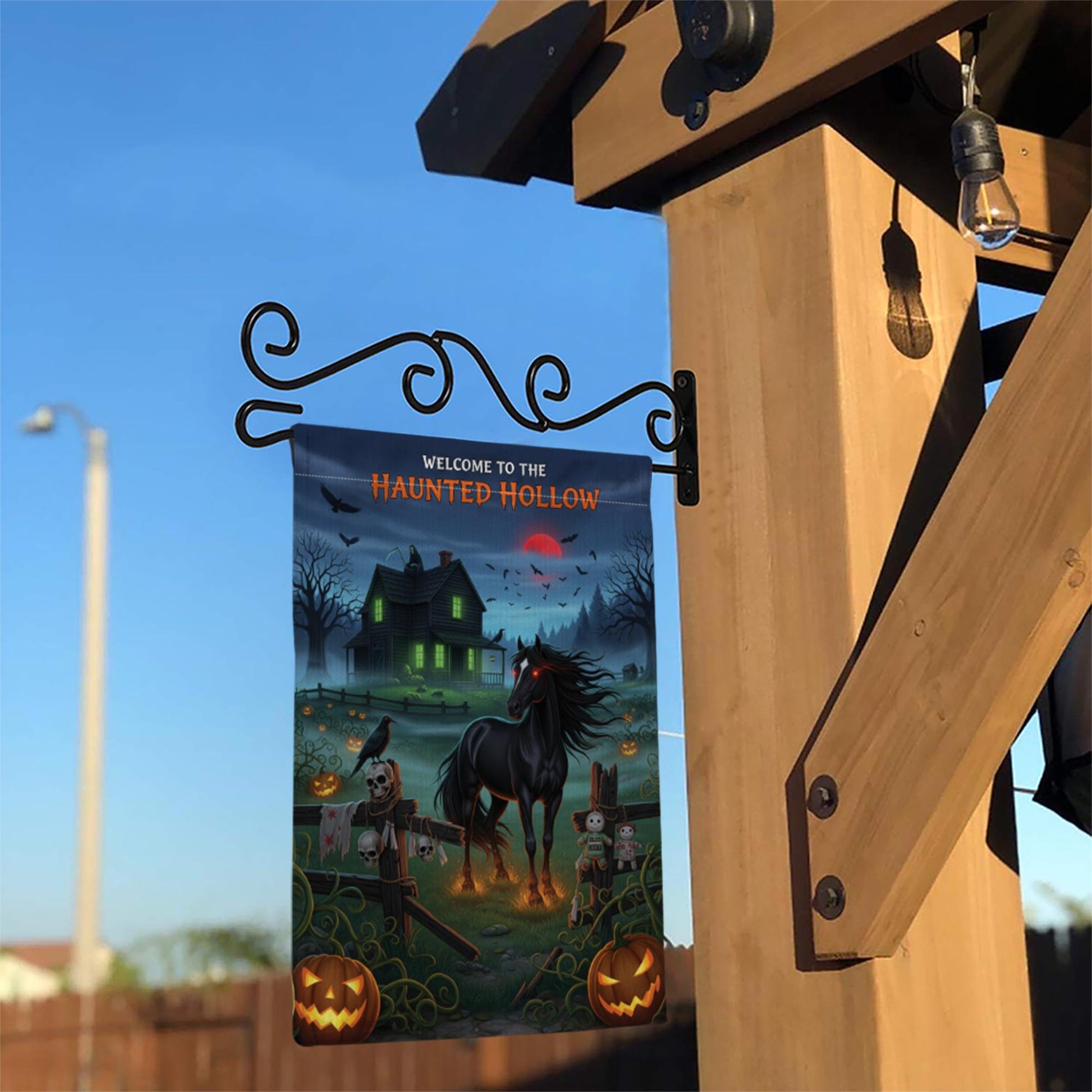 Haunted Hollow Garden Flag – Spooky Halloween Yard Decor with Black Horse, Haunted House & Pumpkins – Creepy Outdoor Decoration