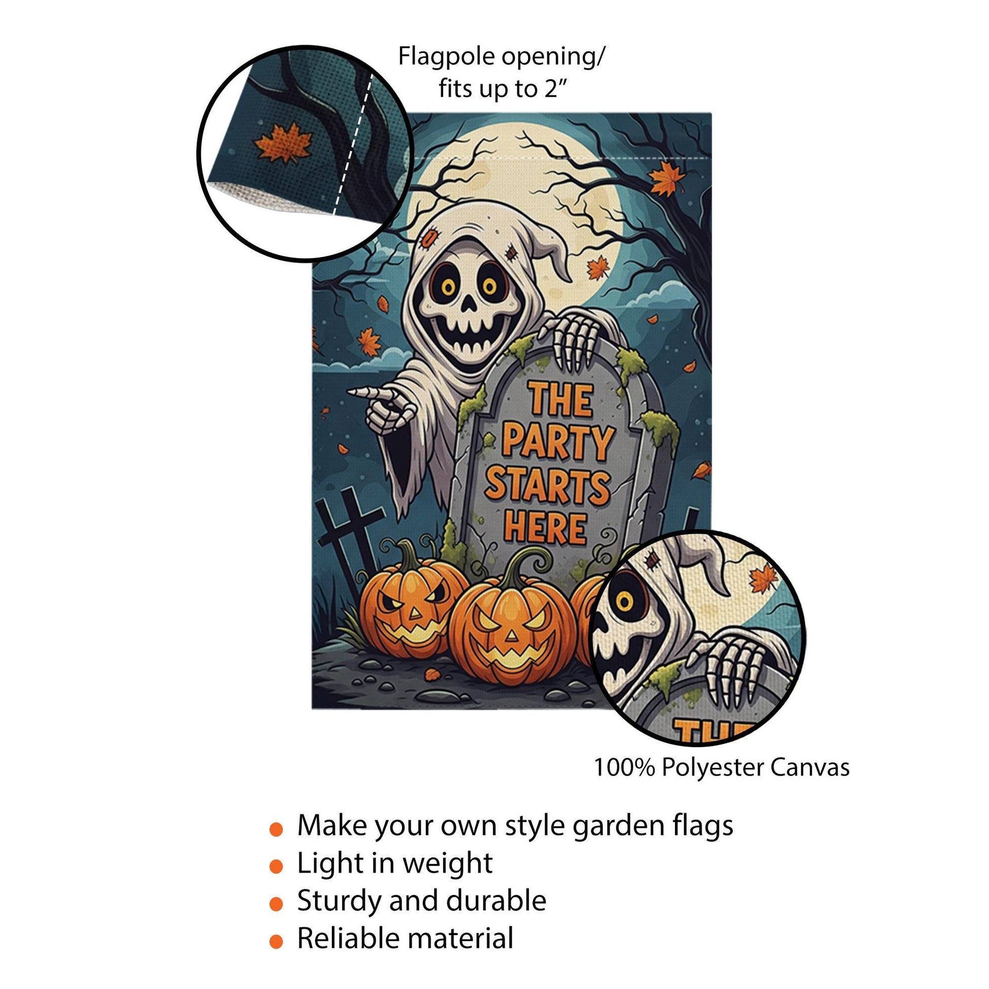 Halloween Garden Flag, Grim Reaper Yard Sign, Funny Halloween Decor, The Party Starts Here, Spooky Pumpkin Outdoor Flag