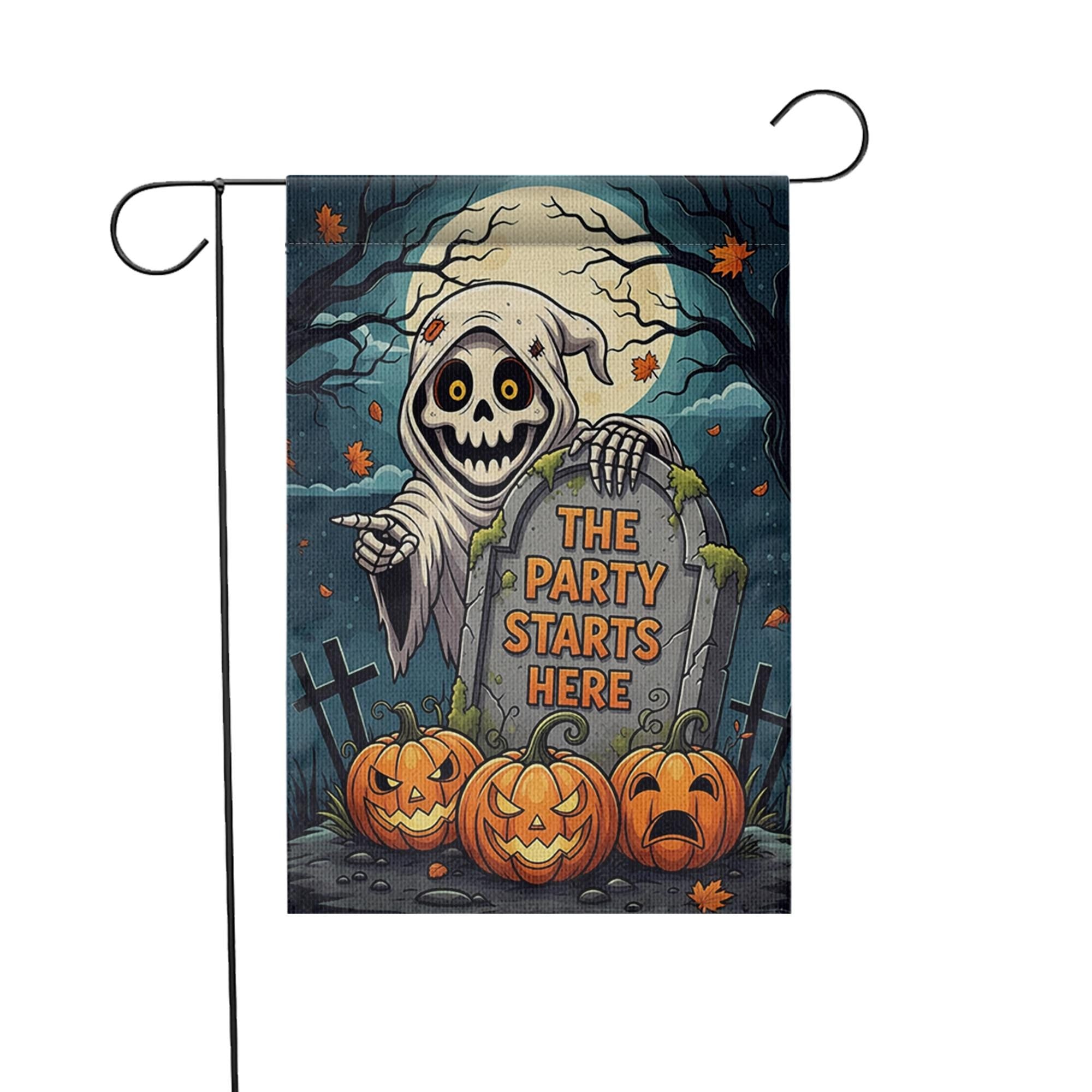 Halloween Garden Flag, Grim Reaper Yard Sign, Funny Halloween Decor, The Party Starts Here, Spooky Pumpkin Outdoor Flag