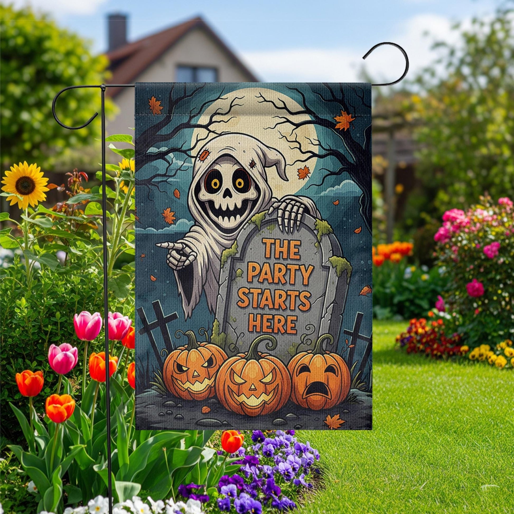 Halloween Garden Flag, Grim Reaper Yard Sign, Funny Halloween Decor, The Party Starts Here, Spooky Pumpkin Outdoor Flag