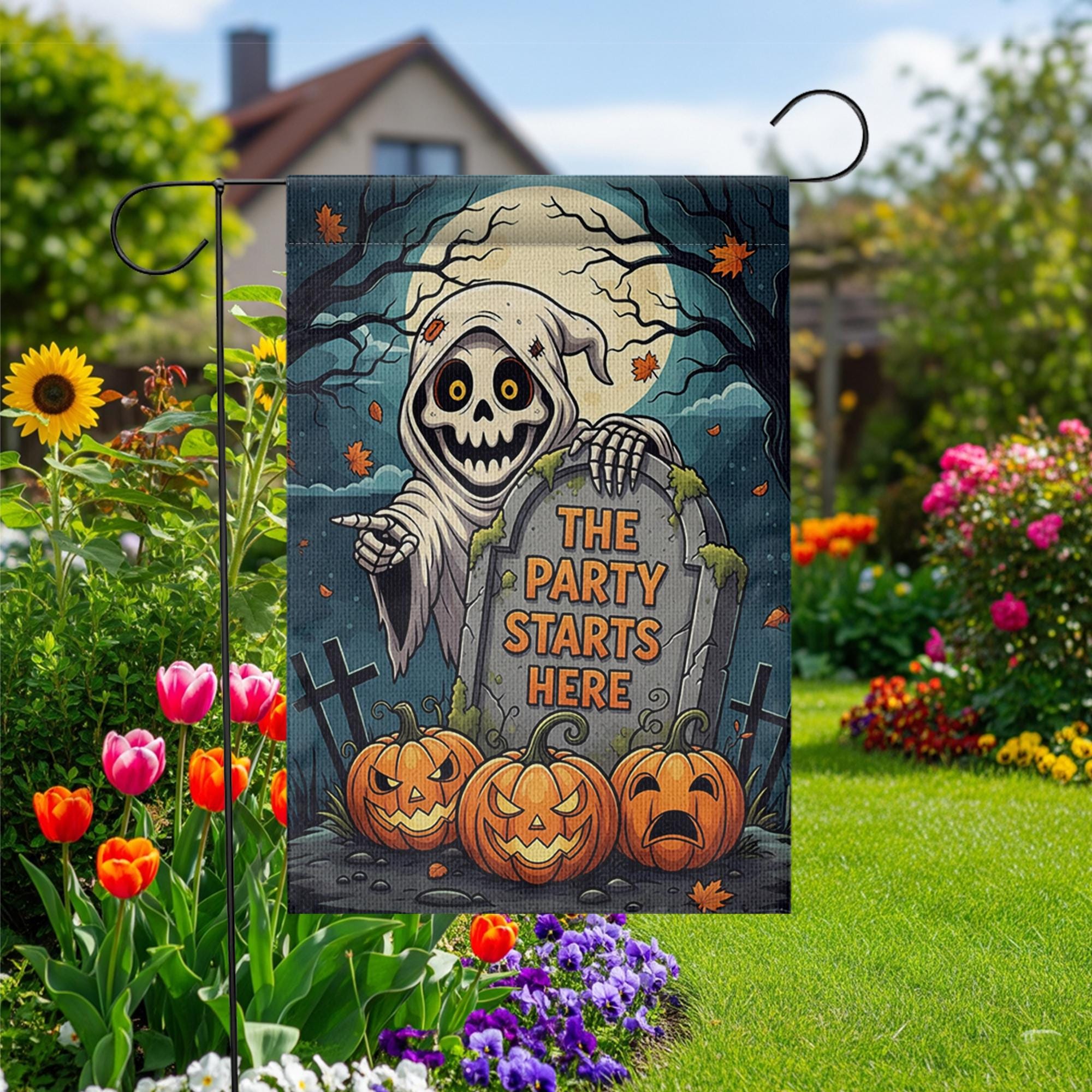 Halloween Garden Flag, Grim Reaper Yard Sign, Funny Halloween Decor, The Party Starts Here, Spooky Pumpkin Outdoor Flag