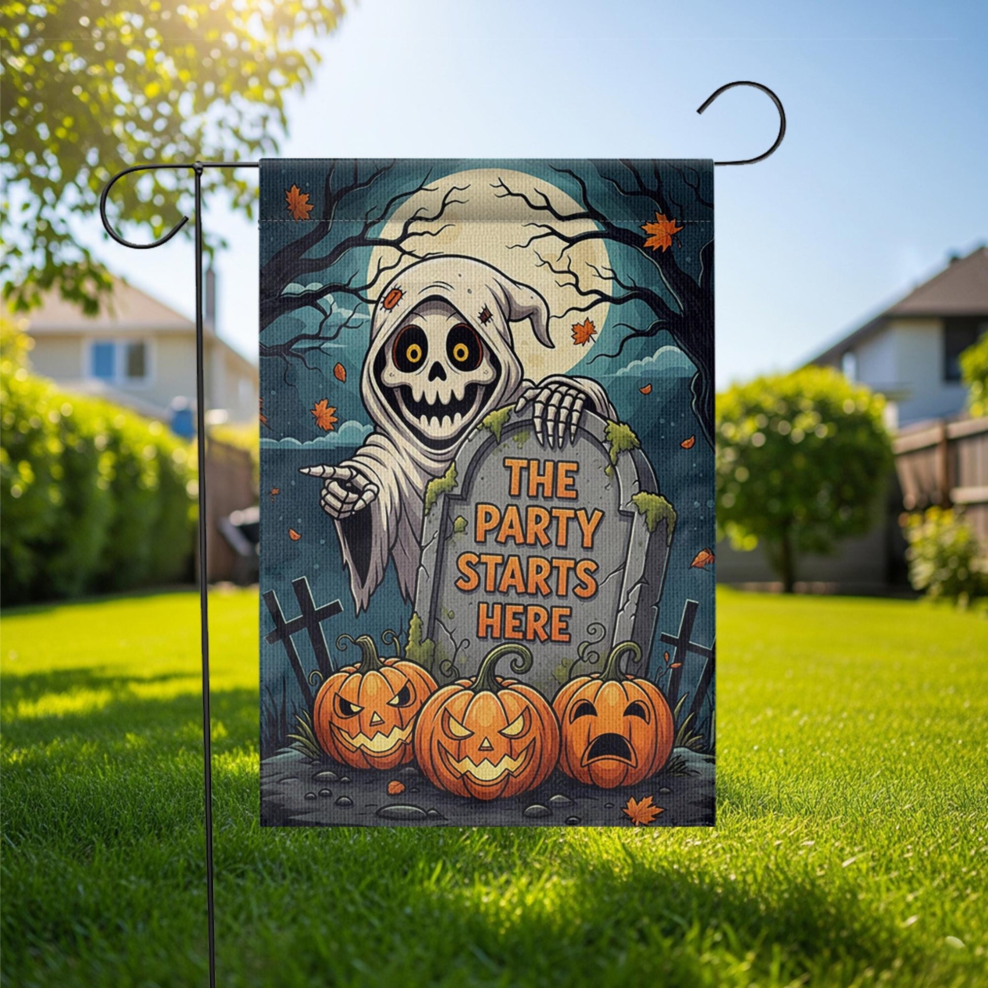 Halloween Garden Flag, Grim Reaper Yard Sign, Funny Halloween Decor, The Party Starts Here, Spooky Pumpkin Outdoor Flag